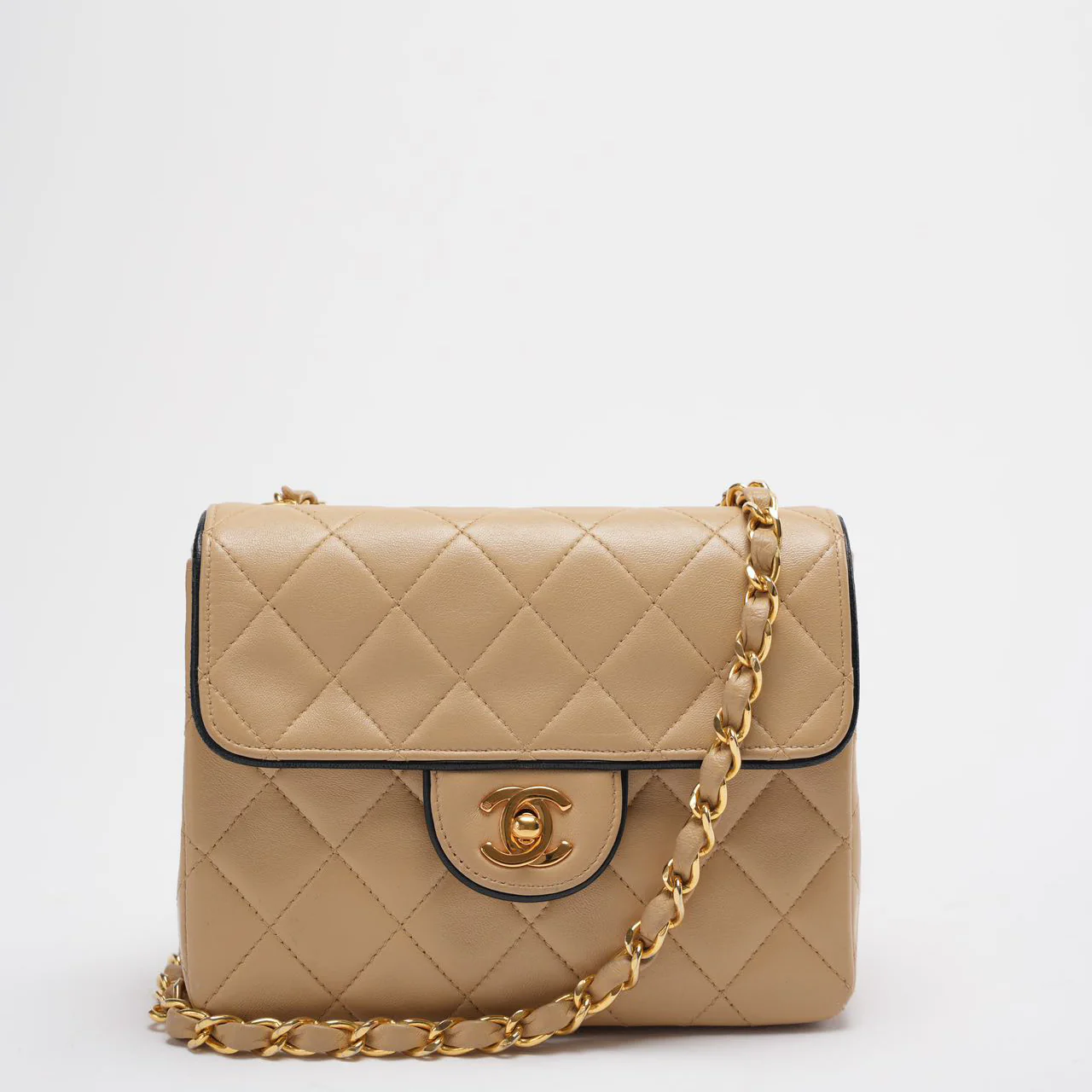 Chanel Vintage Classic/Timeless Mini Square Flap 11.12 Bag in Beige Black With 24k Gold Hardware