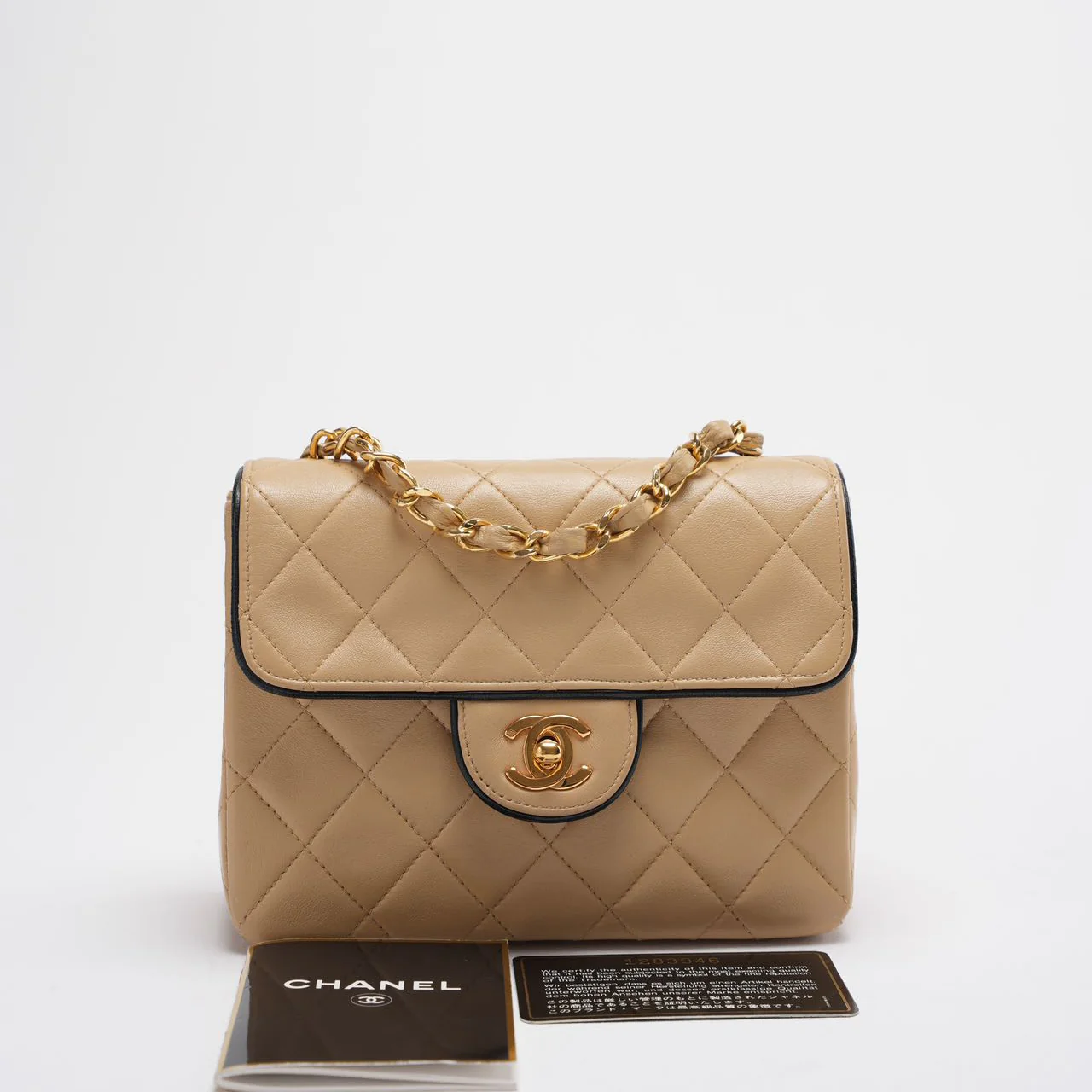 Chanel Vintage Classic/Timeless Mini Square Flap 11.12 Bag in Beige Black With 24k Gold Hardware