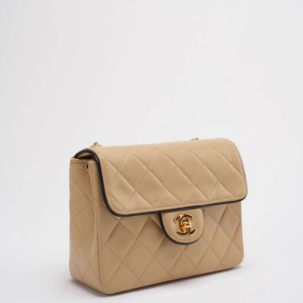 Chanel Vintage Classic/Timeless Mini Square Flap 11.12 Bag in Beige Black With 24k Gold Hardware