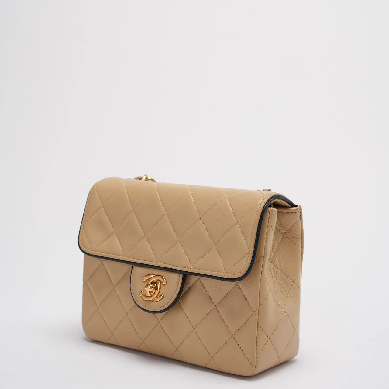 Chanel Vintage Classic/Timeless Mini Square Flap 11.12 Bag in Beige Black With 24k Gold Hardware