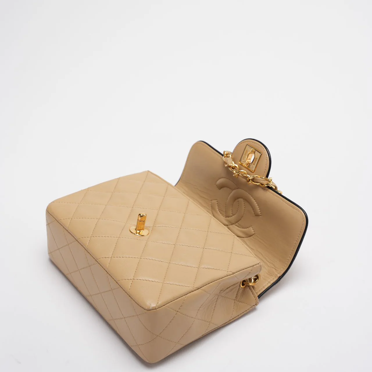 Chanel Vintage Classic/Timeless Mini Square Flap 11.12 Bag in Beige Black With 24k Gold Hardware