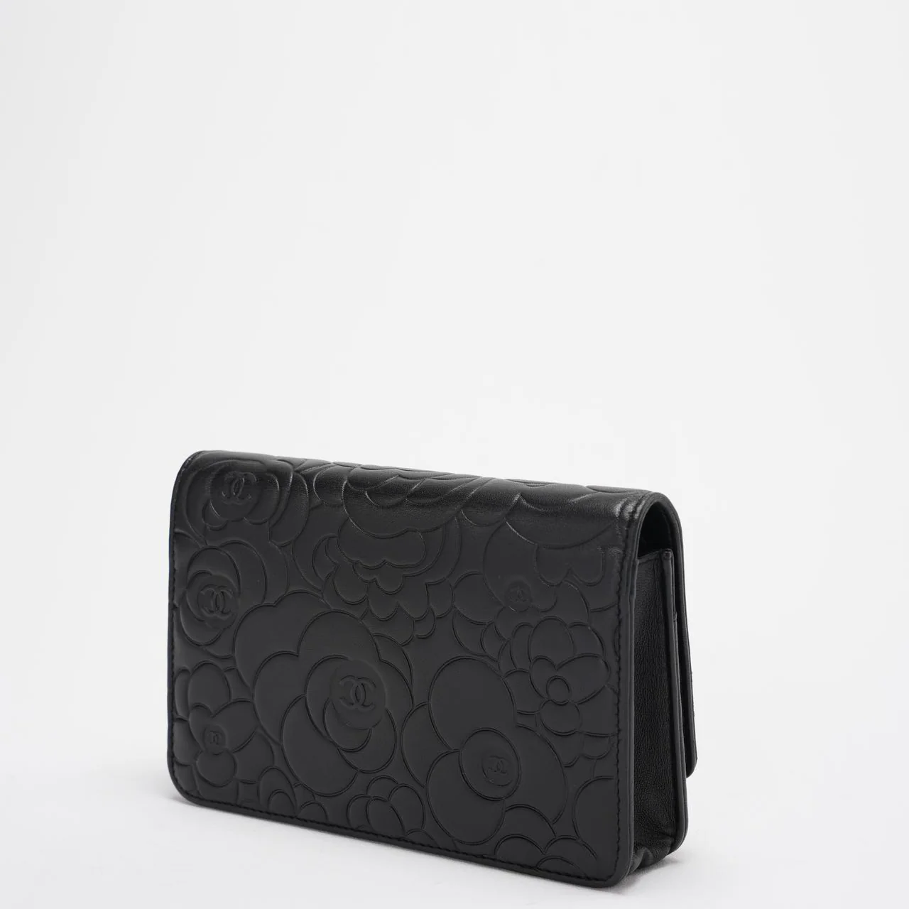 Chanel Wallet On Chain (Woc) Camellia Black Lambleather Silver Hardware Back