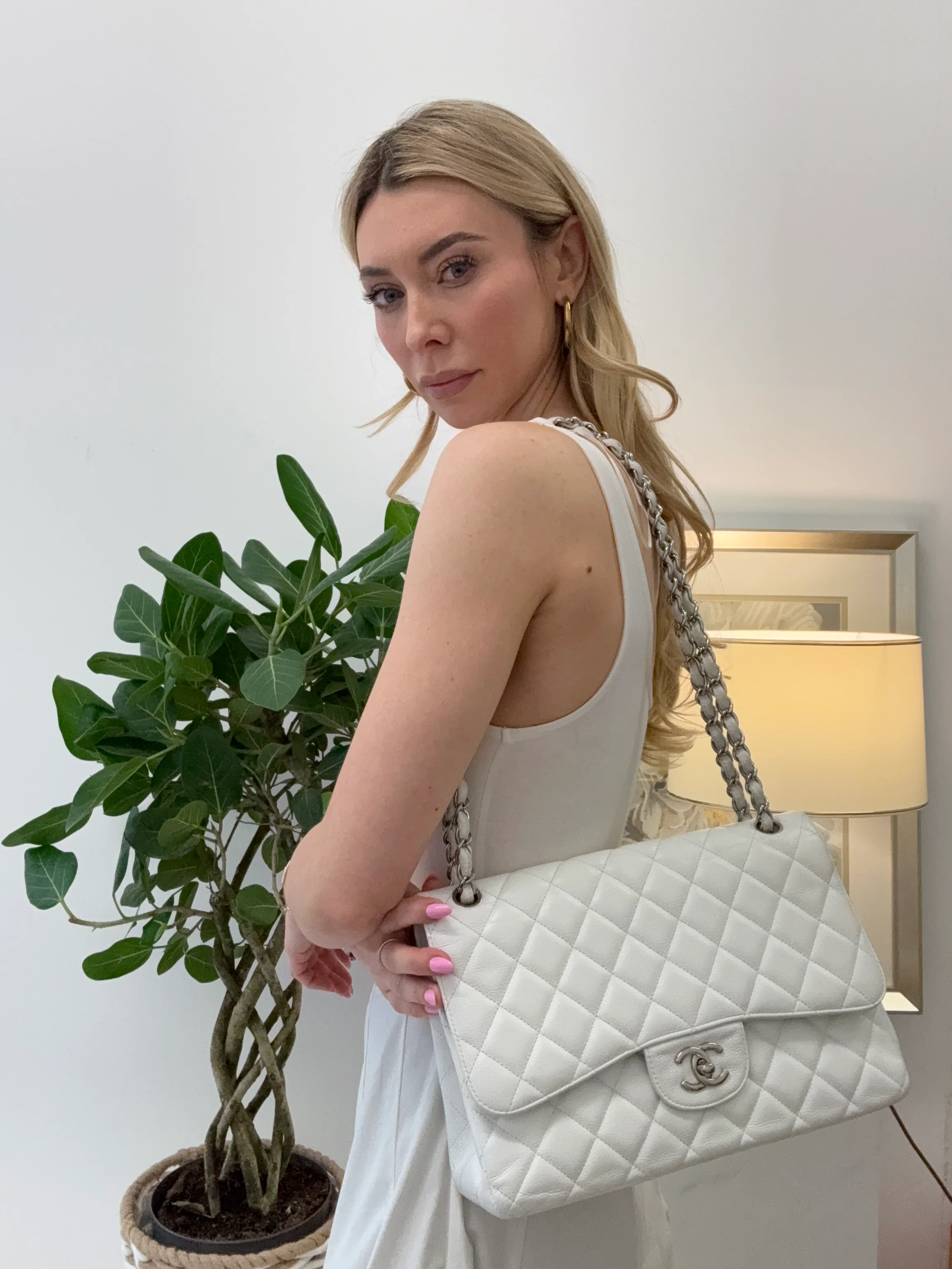 Chanel White Jumbo Classic Double Flap Bag in Caviar Leather with Silver Hardware