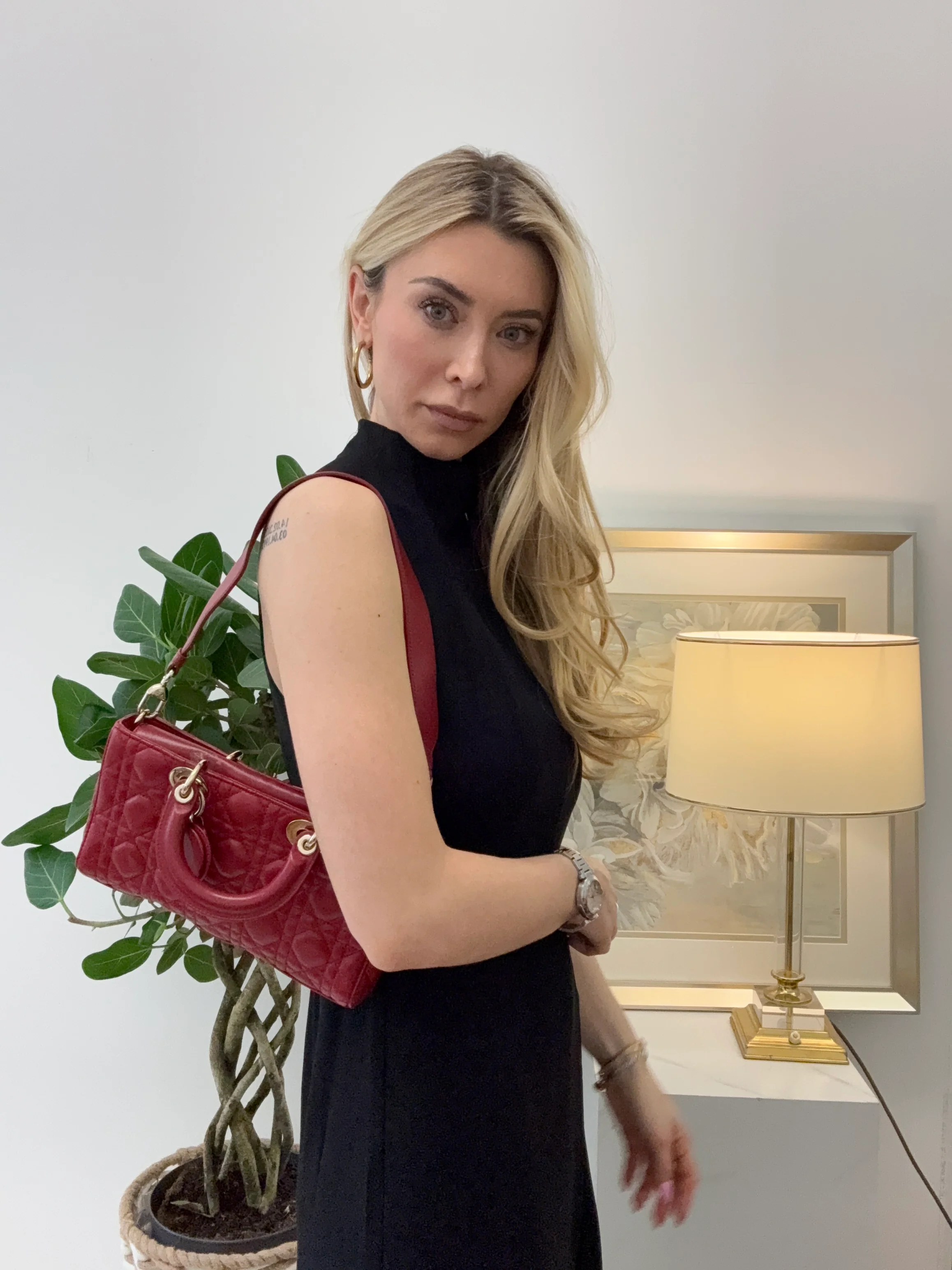 Dior Red Medium Lambskin Cannage Lady D-Joy Bag