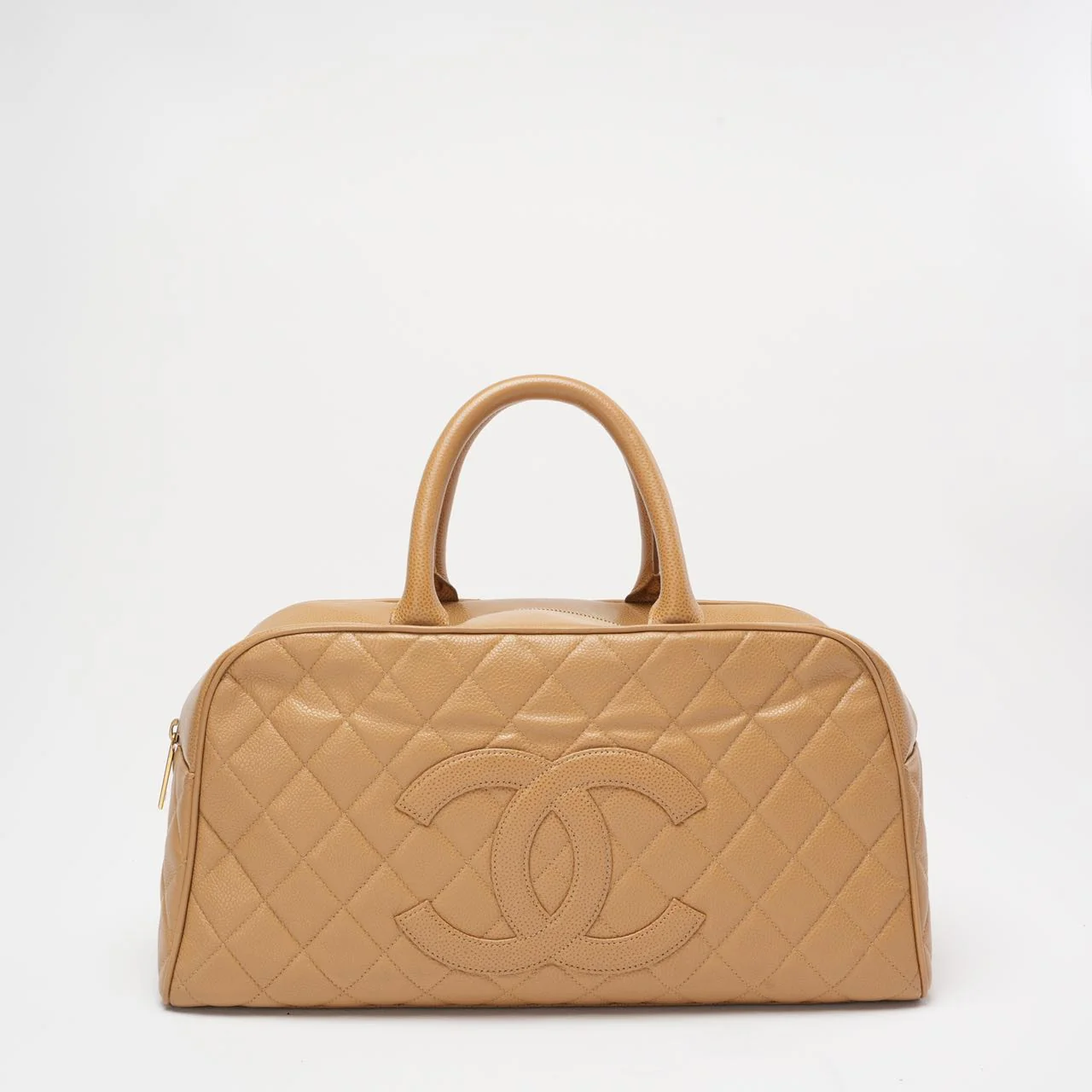 Chanel Vintage Bowler Handbag Beige Caviar Leather