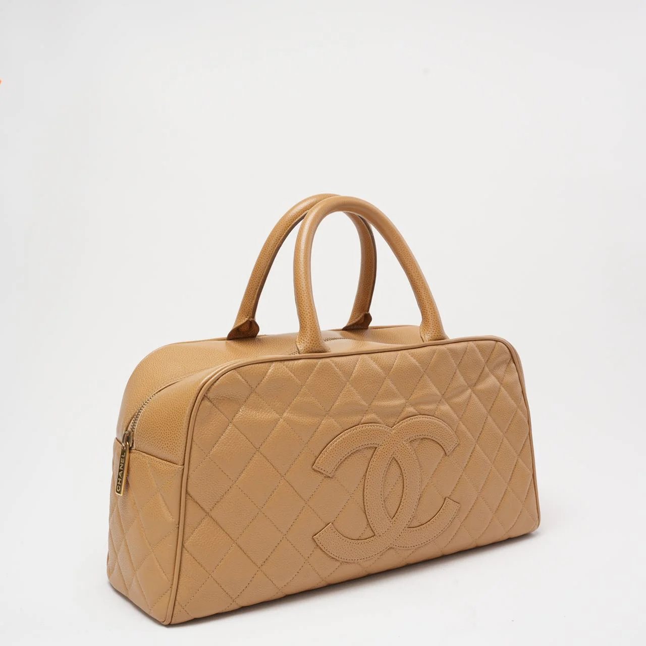 Chanel Vintage Bowler Handbag Beige Caviar Leather