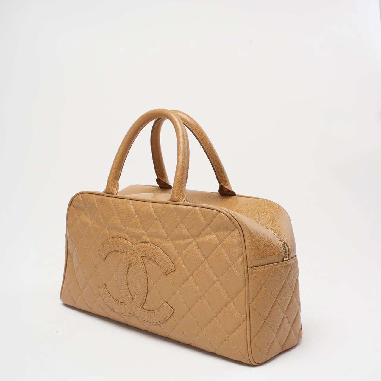 Chanel Vintage Bowler Handbag Beige Caviar Leather