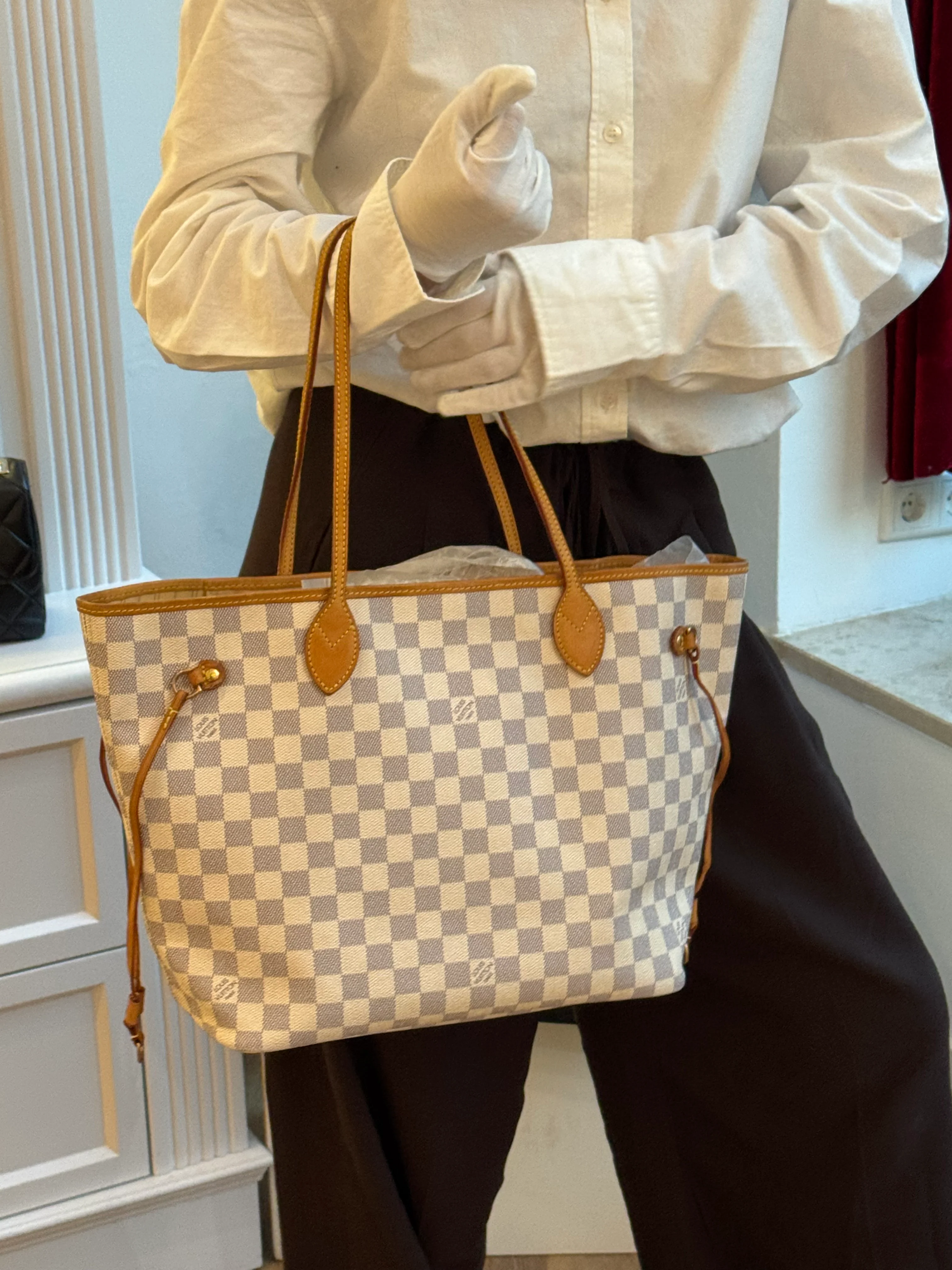 Louis Vuitton White Canvas Damier Azur Neverfull MM Tote Bag 2014