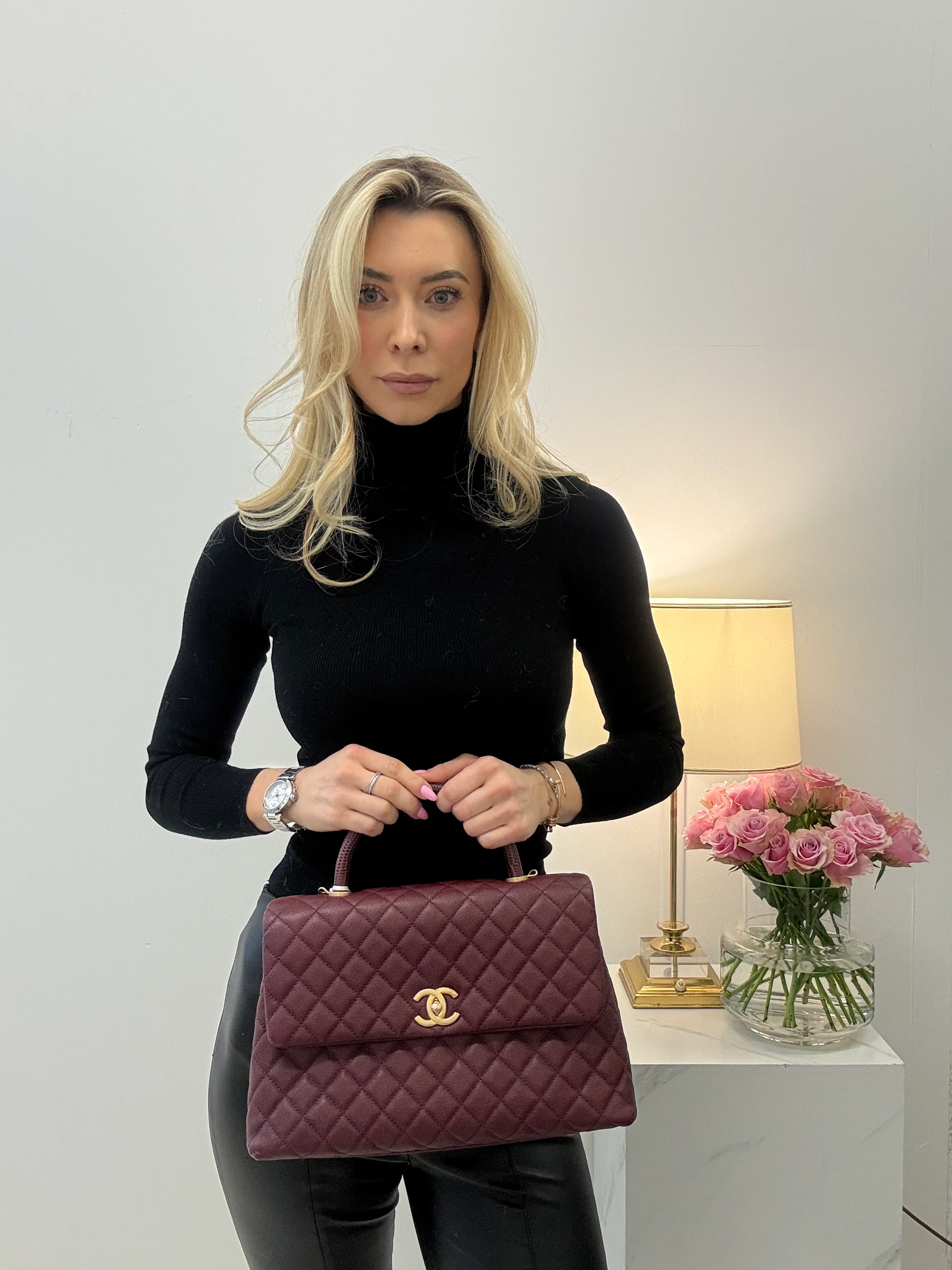 Chanel Burgundy Quilted Coco Lizard Handle Flap Caviar 2017