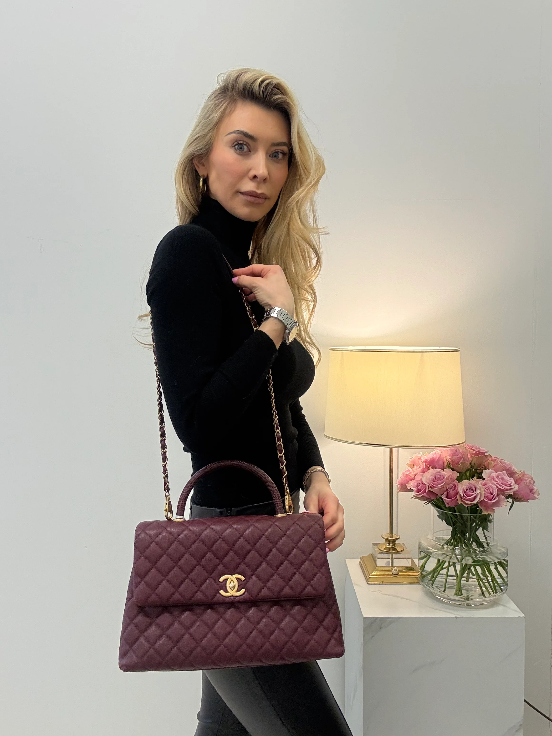 Chanel Burgundy Quilted Coco Lizard Handle Flap Caviar 2017