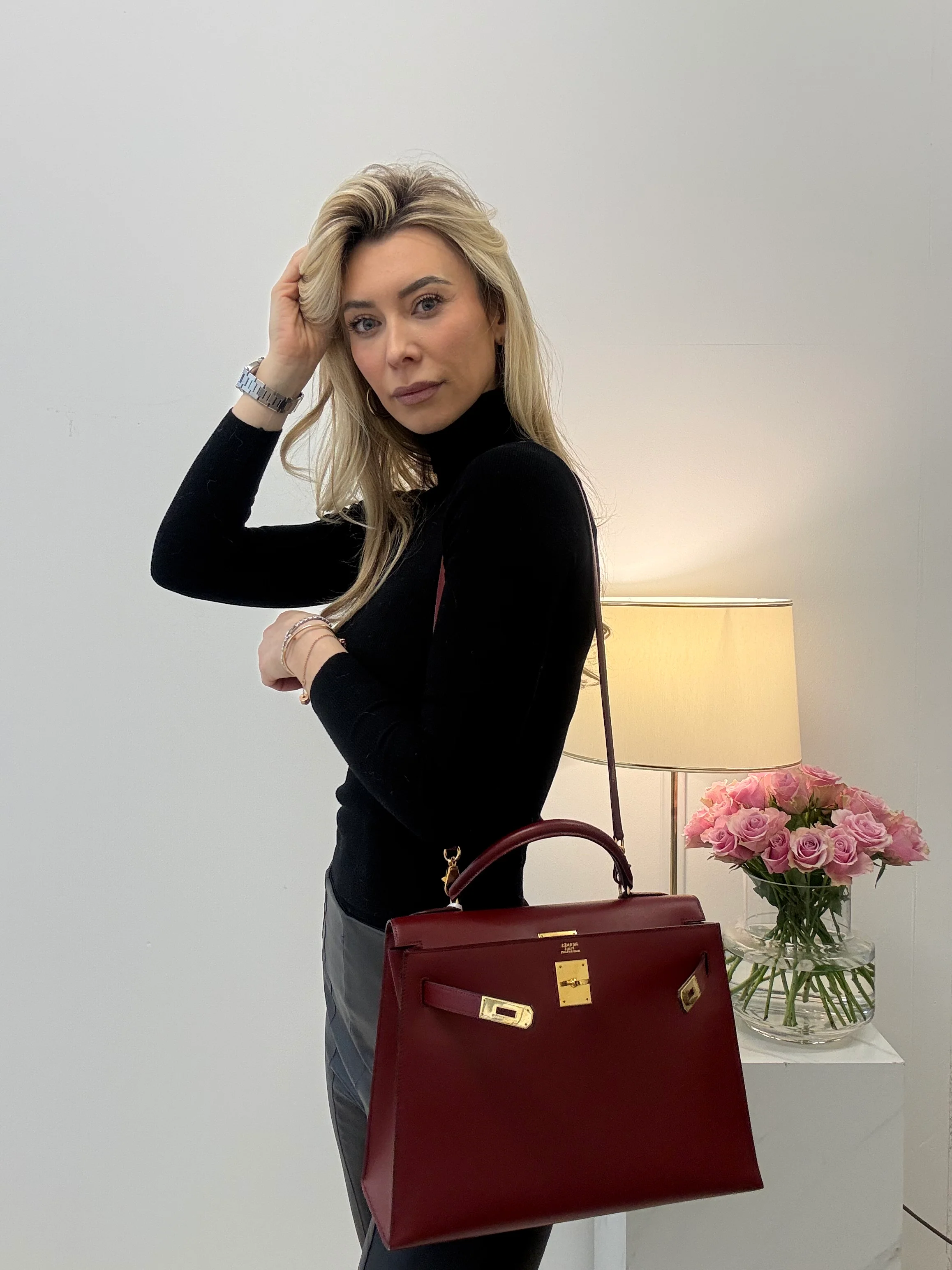 Hermes Vintgae Kelly 32 Burgundy Red Box Leather 1993