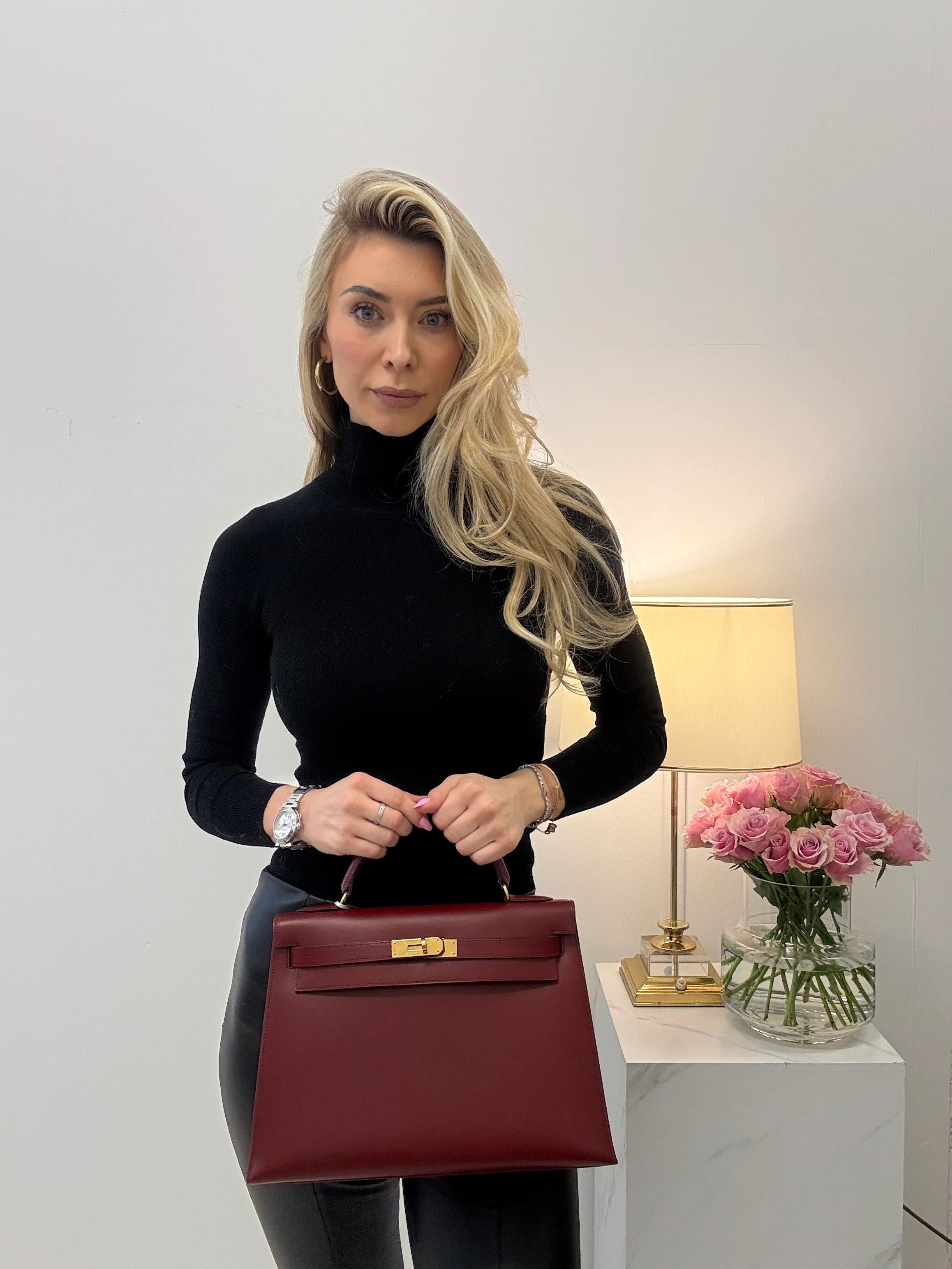 Hermes Vintgae Kelly 32 Burgundy Red Box Leather 1993