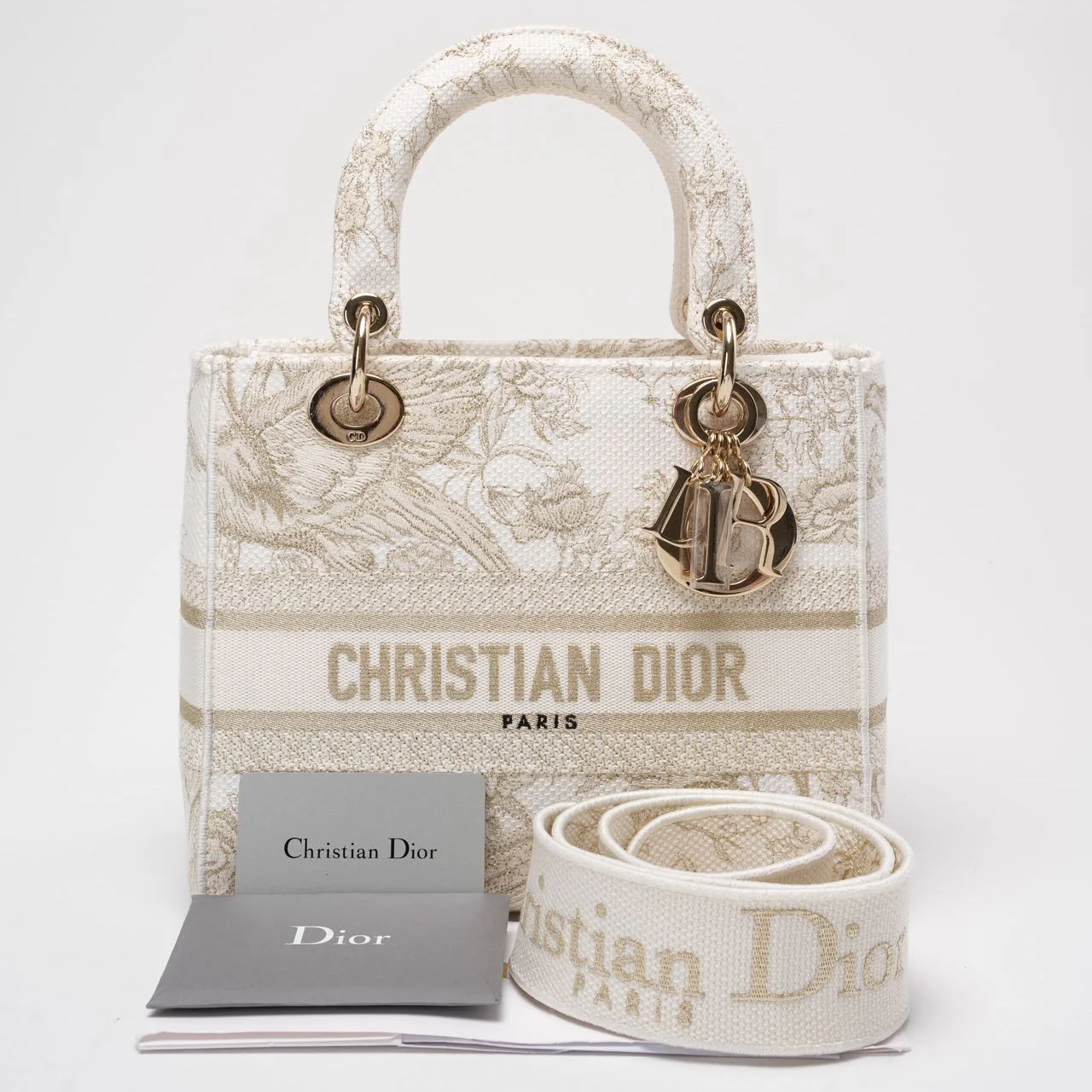 Christian Dior White / Gold Canvas Reverse Embroidered Toile De Joy Medium Lady D-Lite