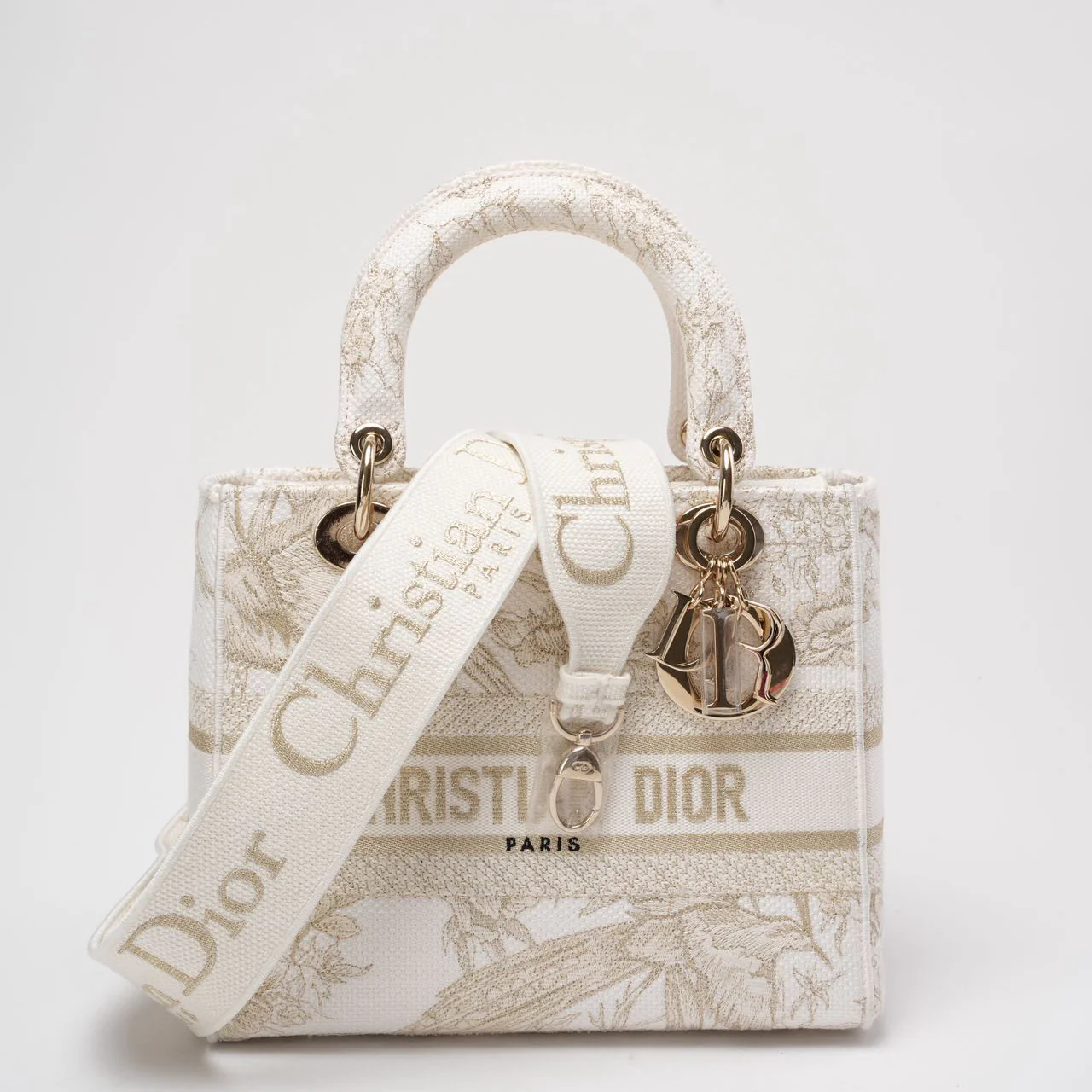 Christian Dior White / Gold Canvas Reverse Embroidered Toile De Joy Medium Lady D-Lite
