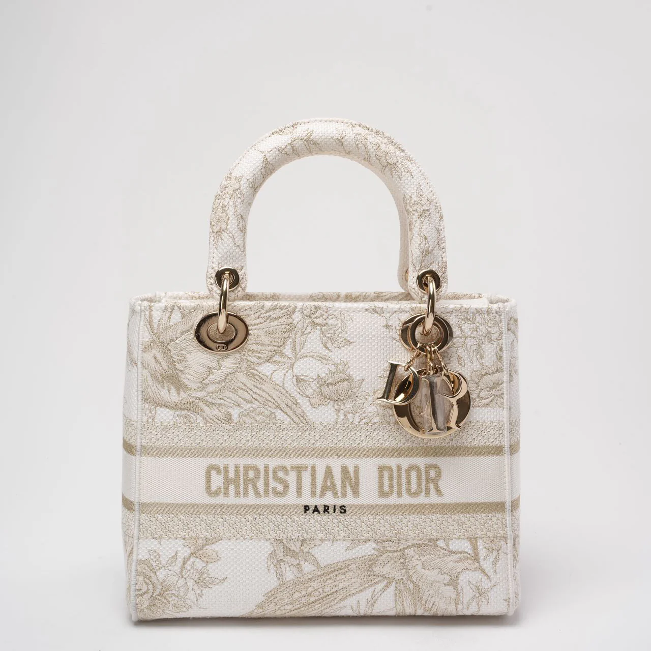 Christian Dior White / Gold Canvas Reverse Embroidered Toile De Joy Medium Lady D-Lite