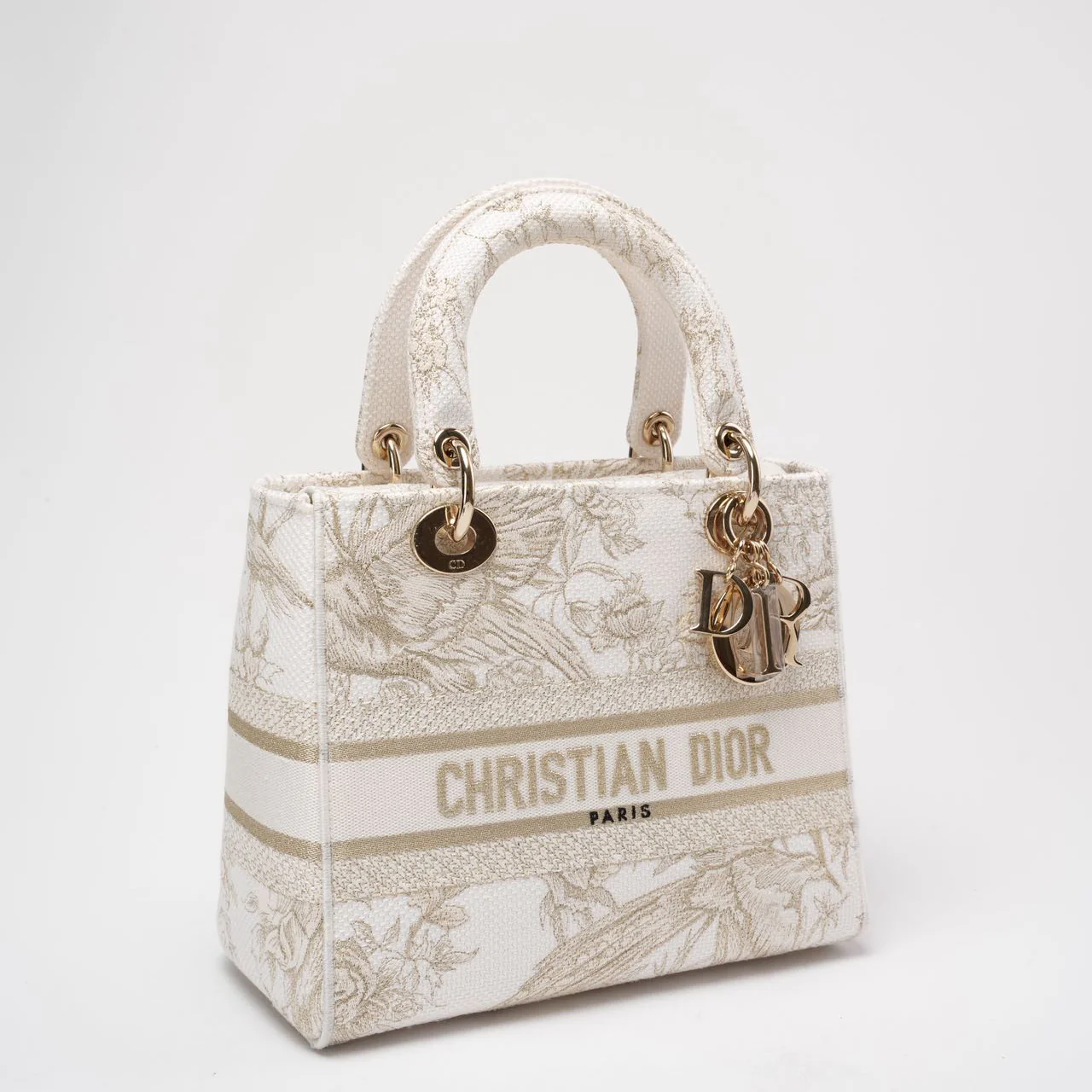Christian Dior White / Gold Canvas Reverse Embroidered Toile De Joy Medium Lady D-Lite