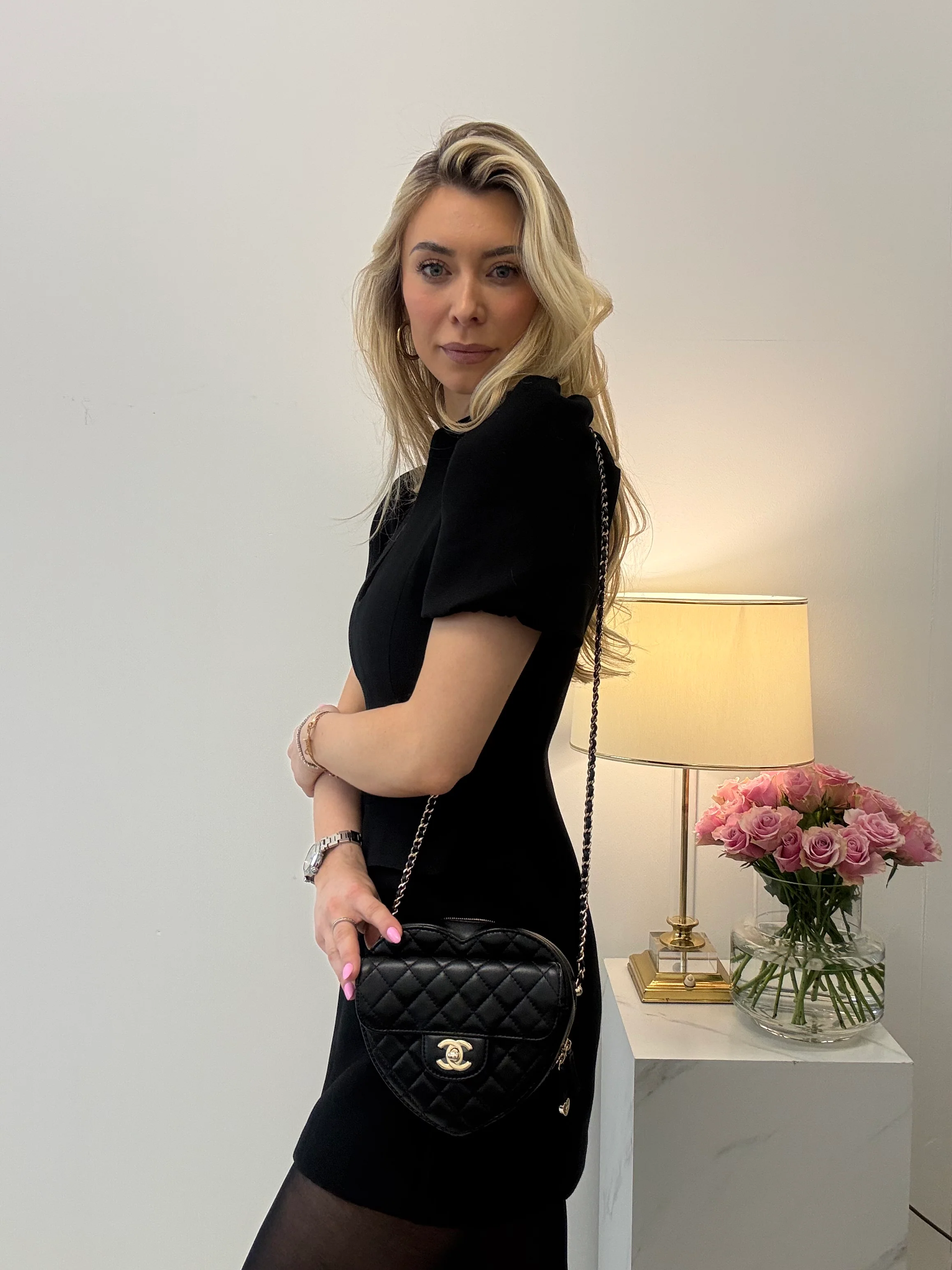 Chanel Black Lambskin Quilted CC in Love Heart Clutch with Chain 2022