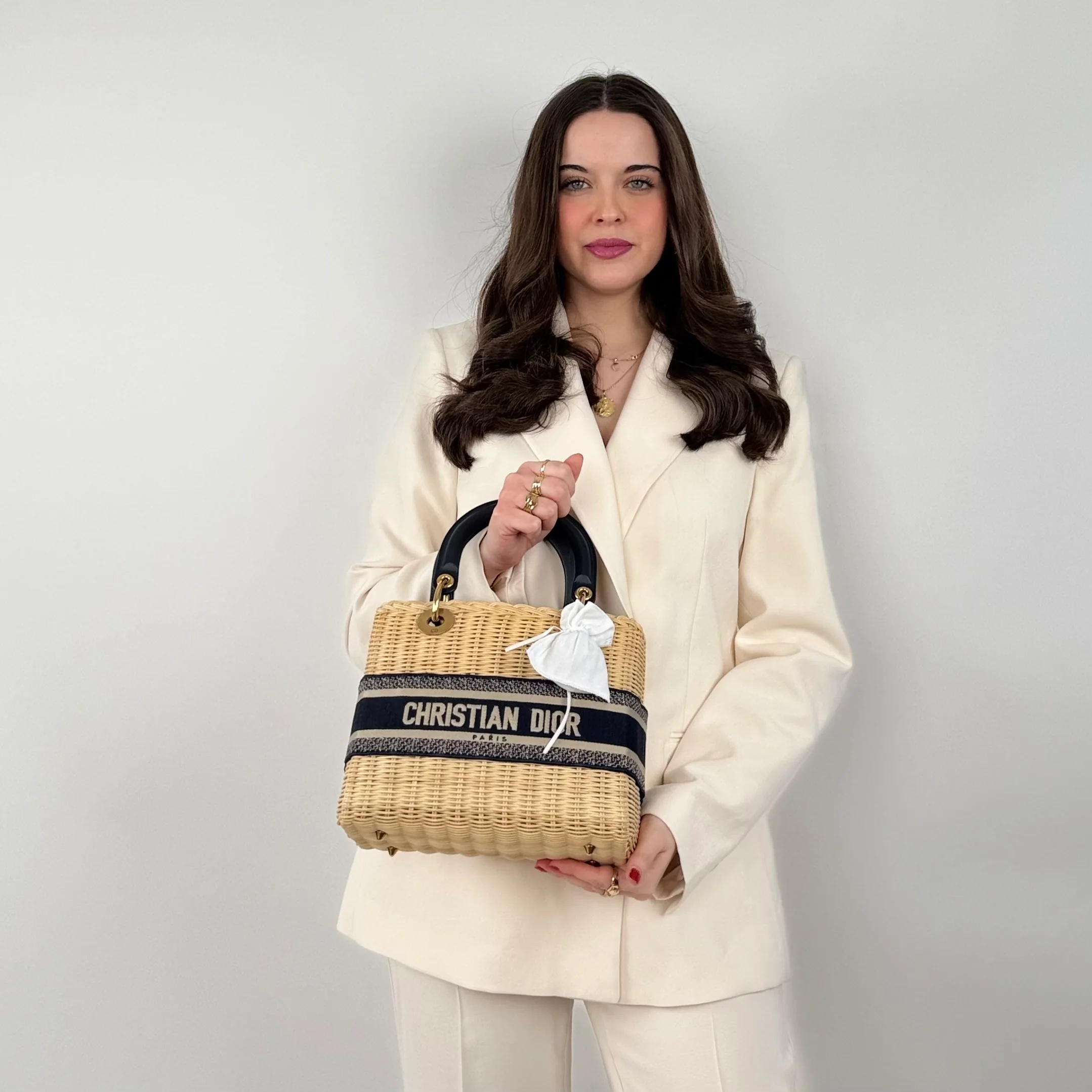 Christian Dior Natural Wicker/Blue Oblique Canvas Medium Lady Dior Bag