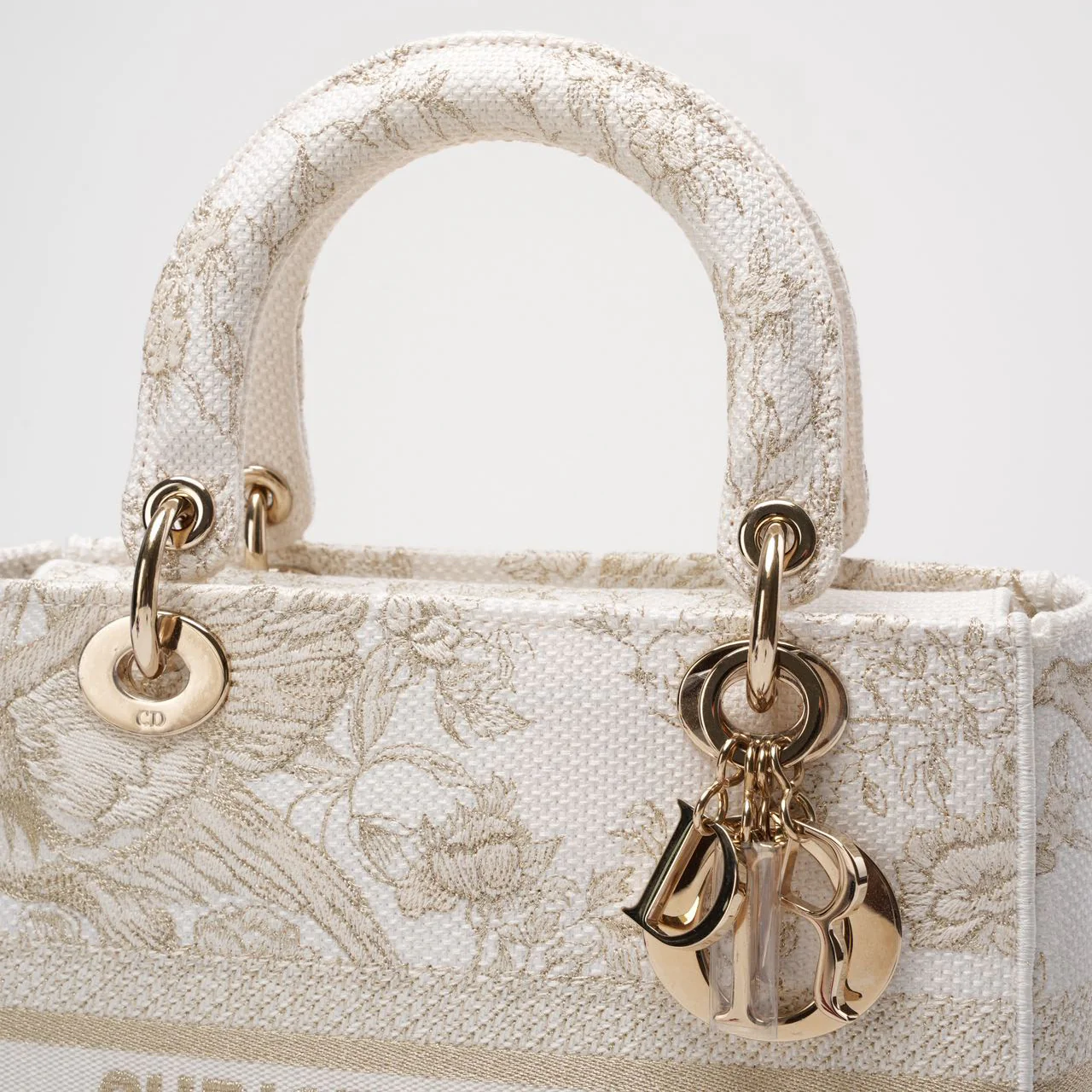 Christian Dior White / Gold Canvas Reverse Embroidered Toile De Joy Medium Lady D-Lite