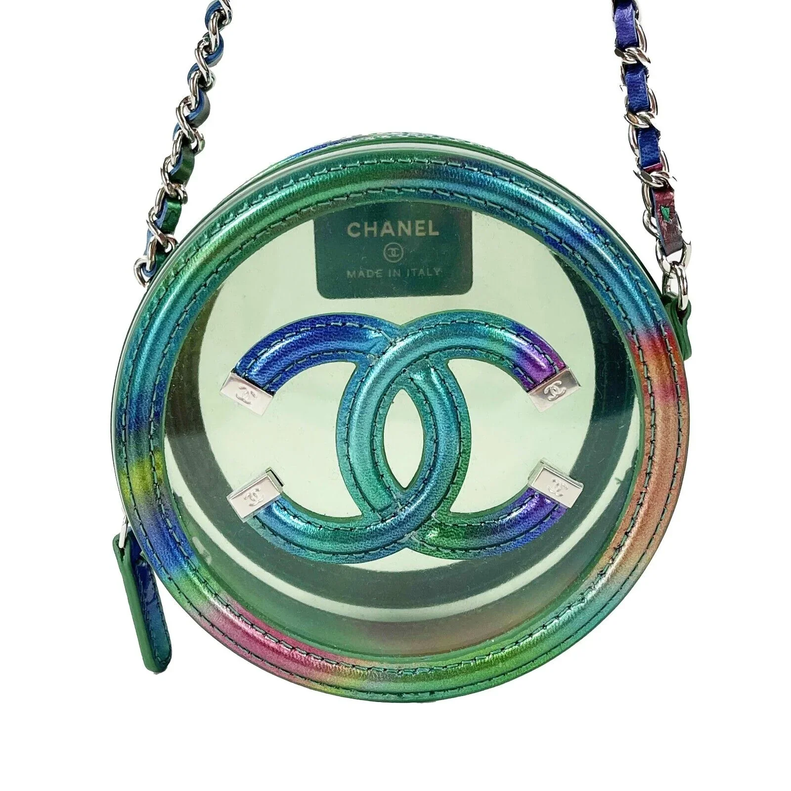 Pre-owned Chanel Green Multicolour Filigree Round Clutch with Chain Crossbody Bag
