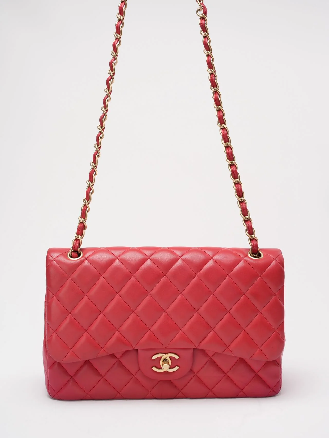 Chanel Timeless Classic Double Flap Jumbo Bag Red Lambskin Preloved