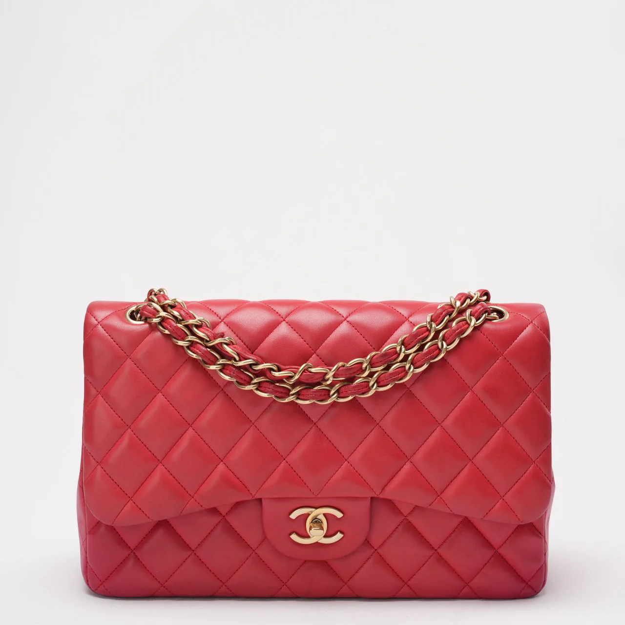 Sac Chanel Timeless Classic Double Flap Jumbo en agneau rouge d'occasion