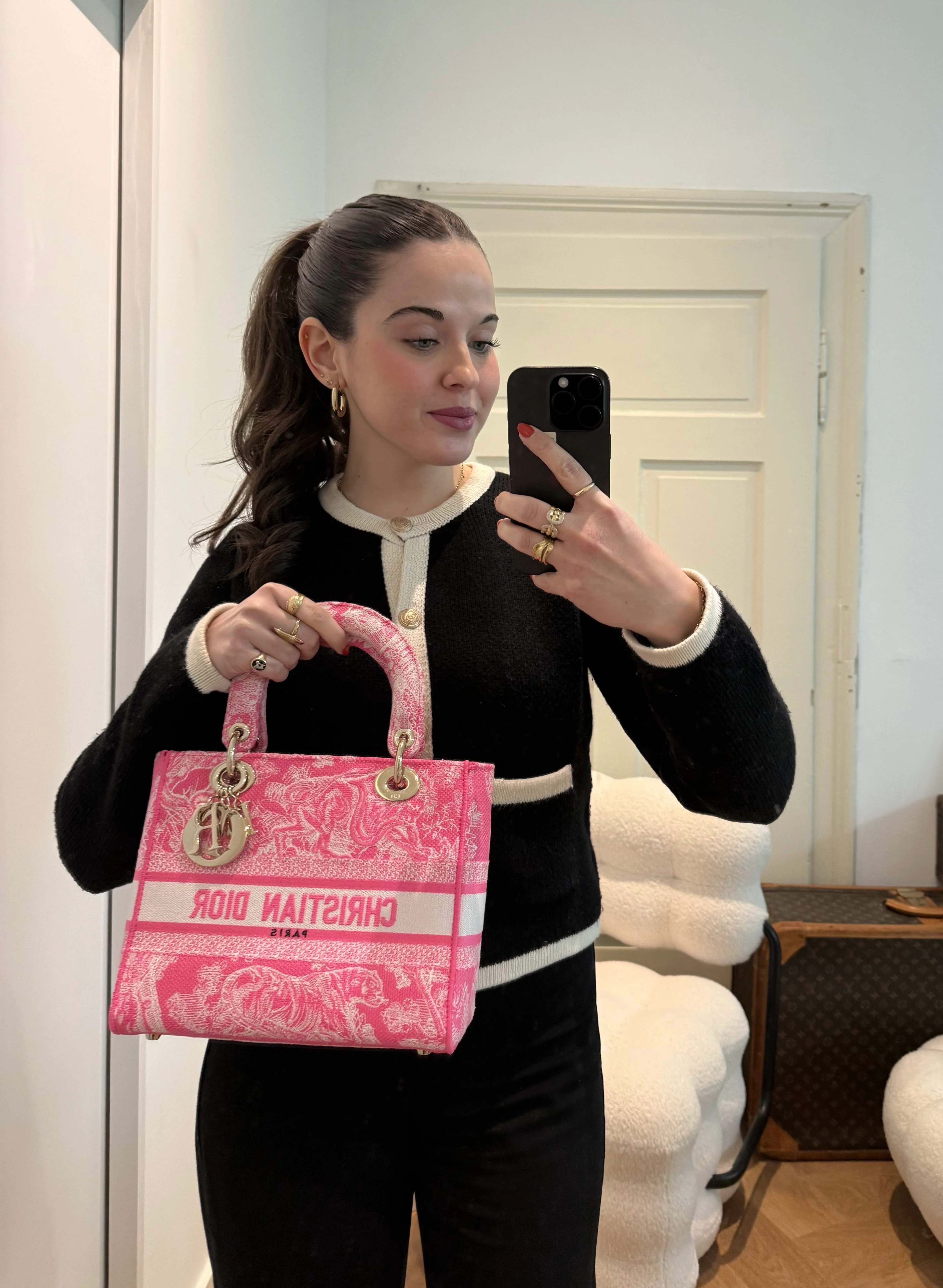 Christian Dior Canvas Toile De Jouy Reverse Embroidered Medium Lady D-Lite in Fluorescent Pink