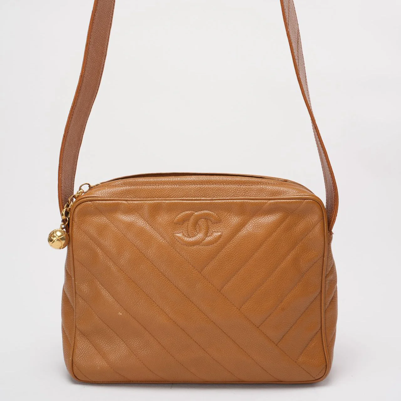 Chanel Vintage Caramel Caviar Diagonal Crossbody Bag