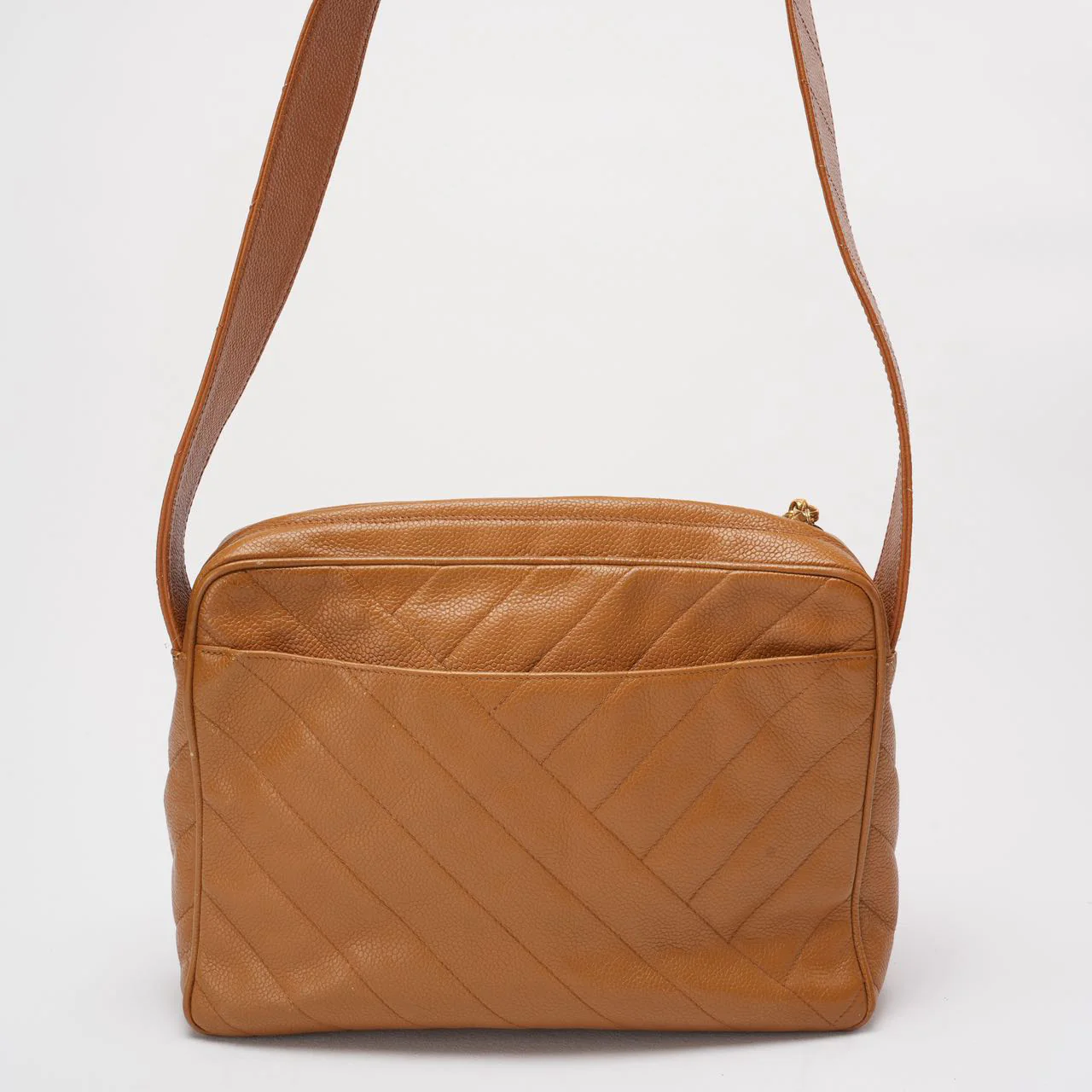 Chanel Vintage Caramel Caviar Diagonal Crossbody Bag