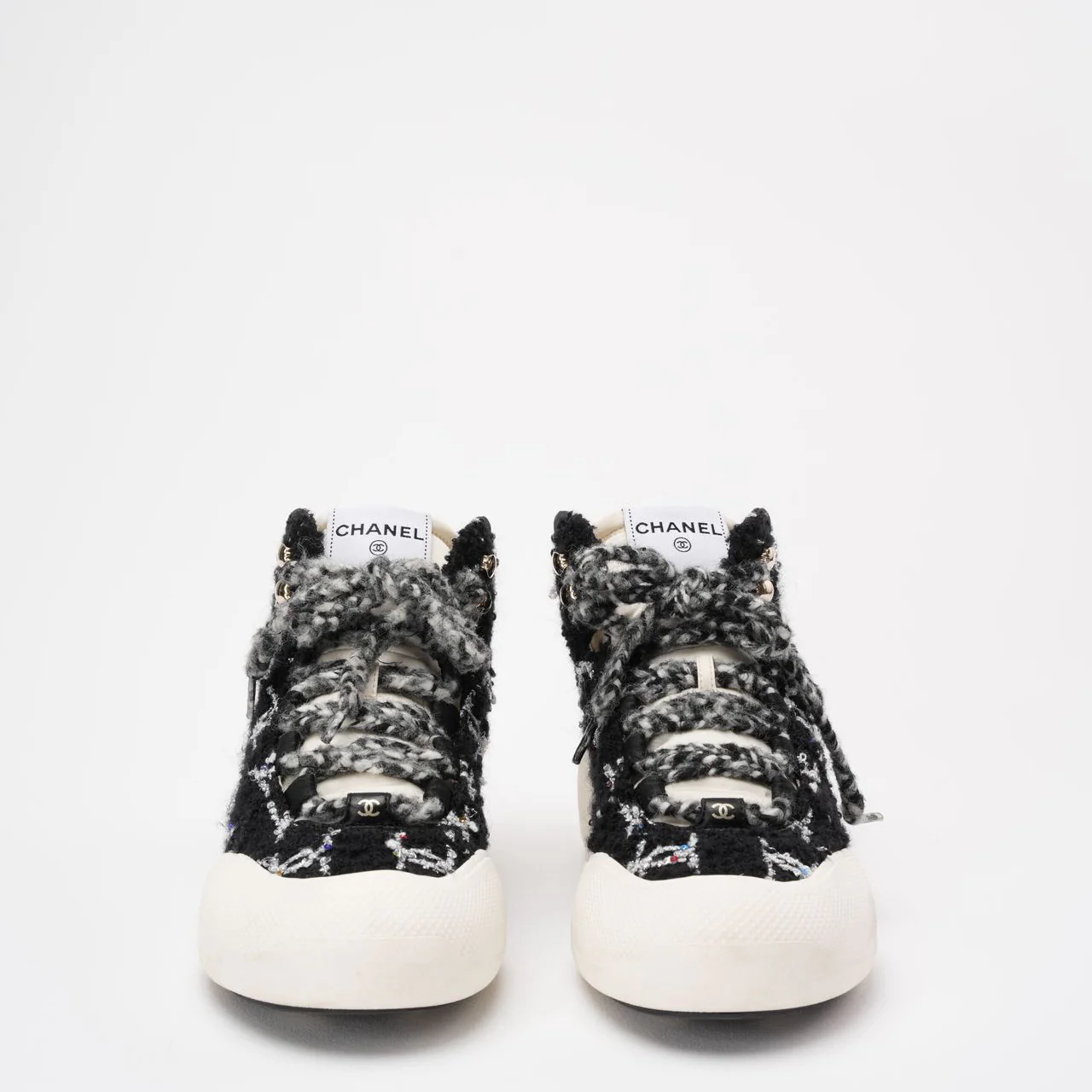 Chanel Black Tweed CC High Top Snow Sneakers Size 39 ½