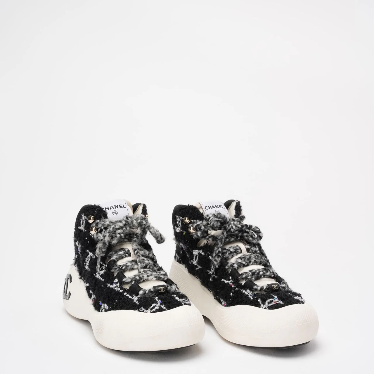 Chanel Black Tweed CC High Top Snow Sneakers Size 39 ½