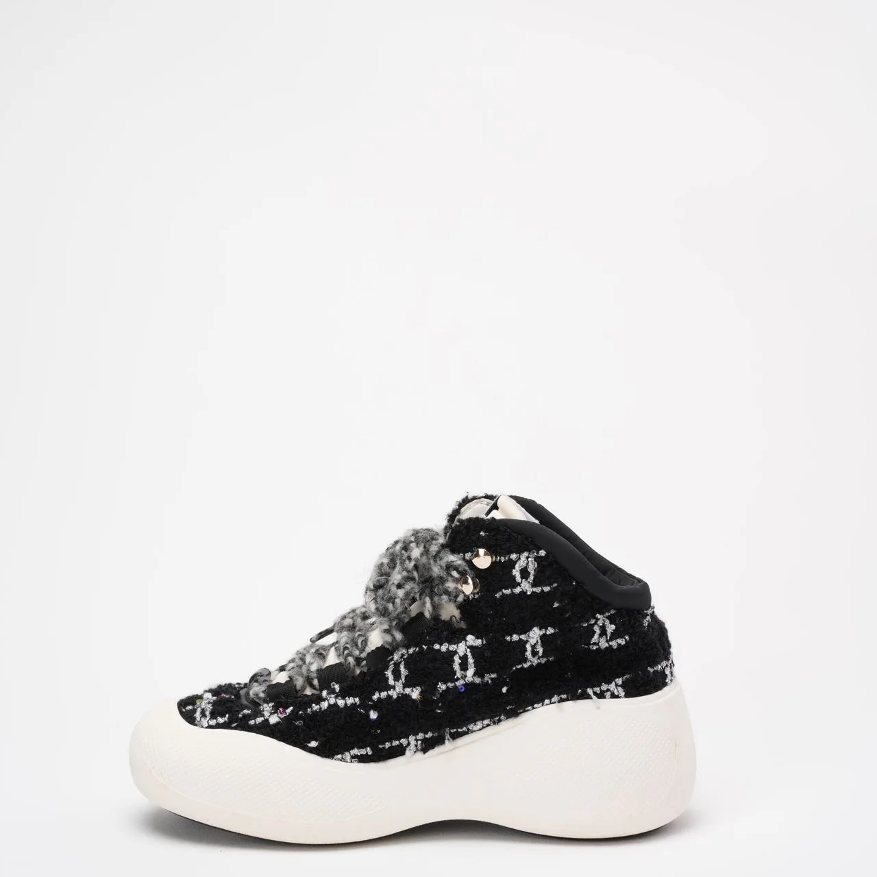 Chanel Black Tweed CC High Top Snow Sneakers Size 39 ½