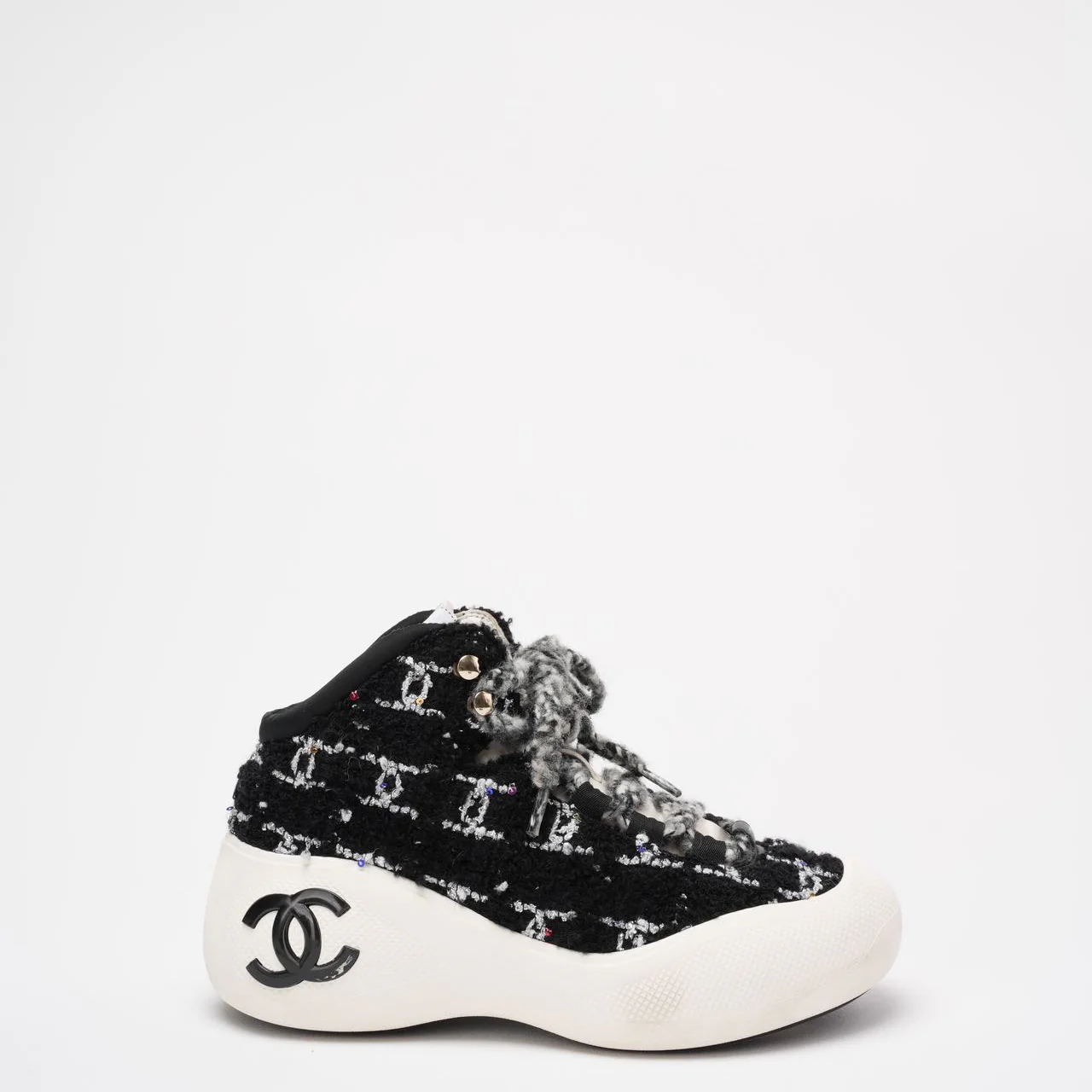 Chanel Black Tweed CC High Top Snow Sneakers Size 39 ½