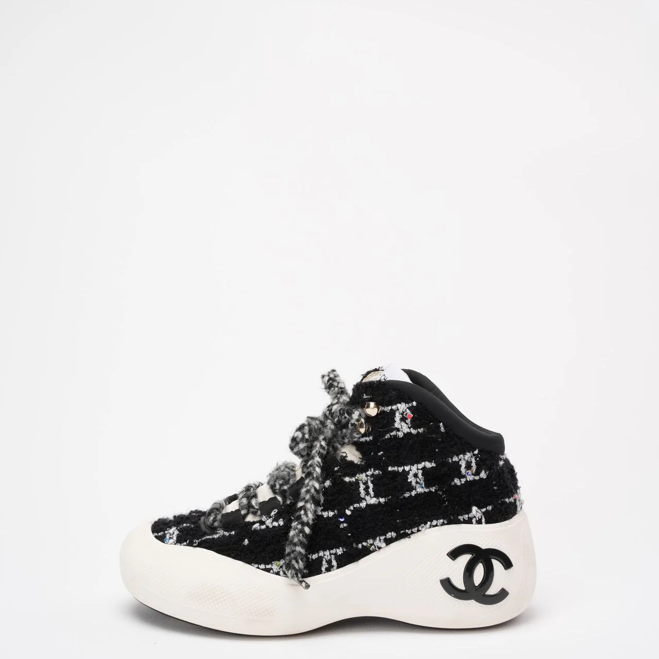 Chanel Black Tweed CC High Top Snow Sneakers Size 39 ½
