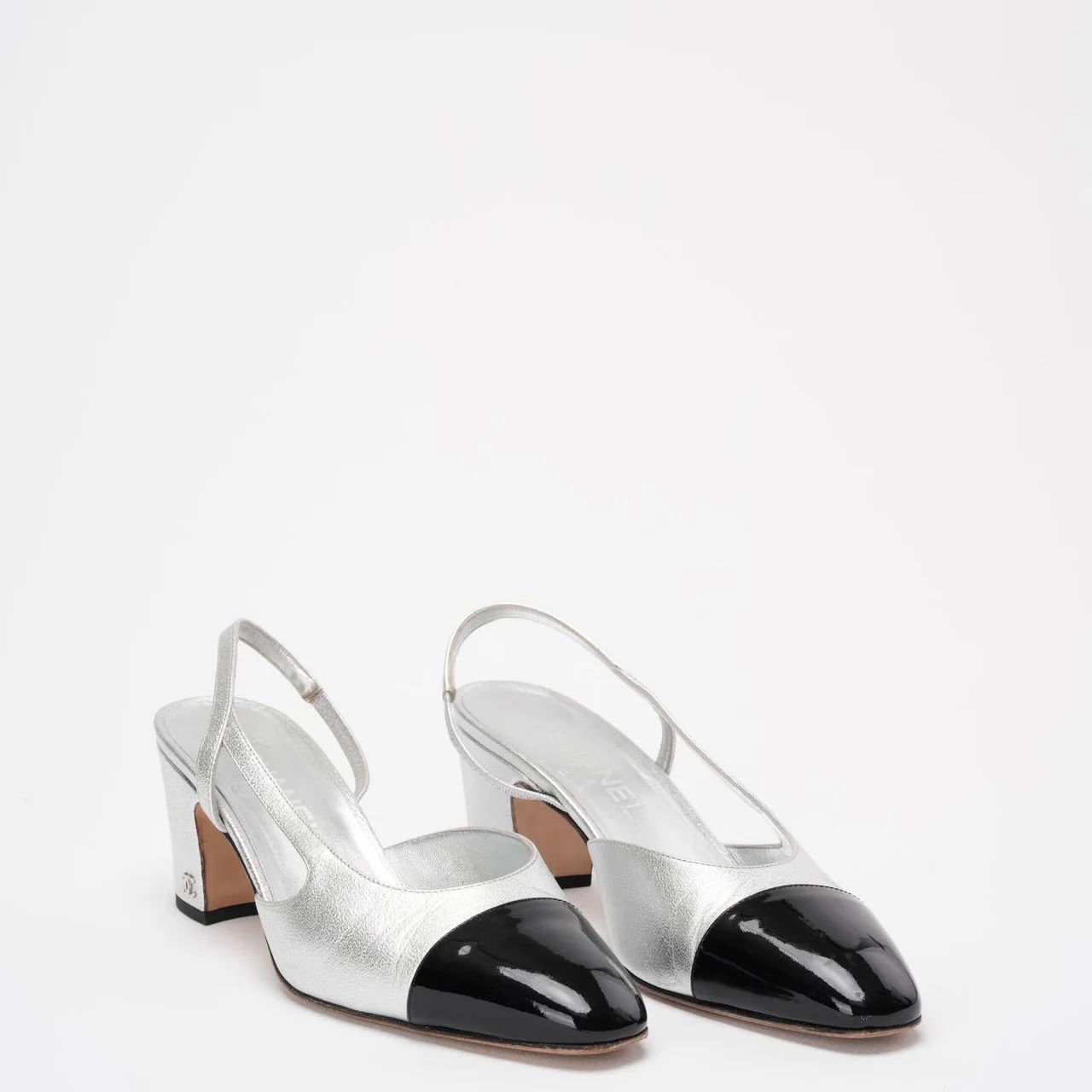 Chanel Silver / Black Leather and Patent Cap Toe CC D'osray Slingback Sandals Size 38