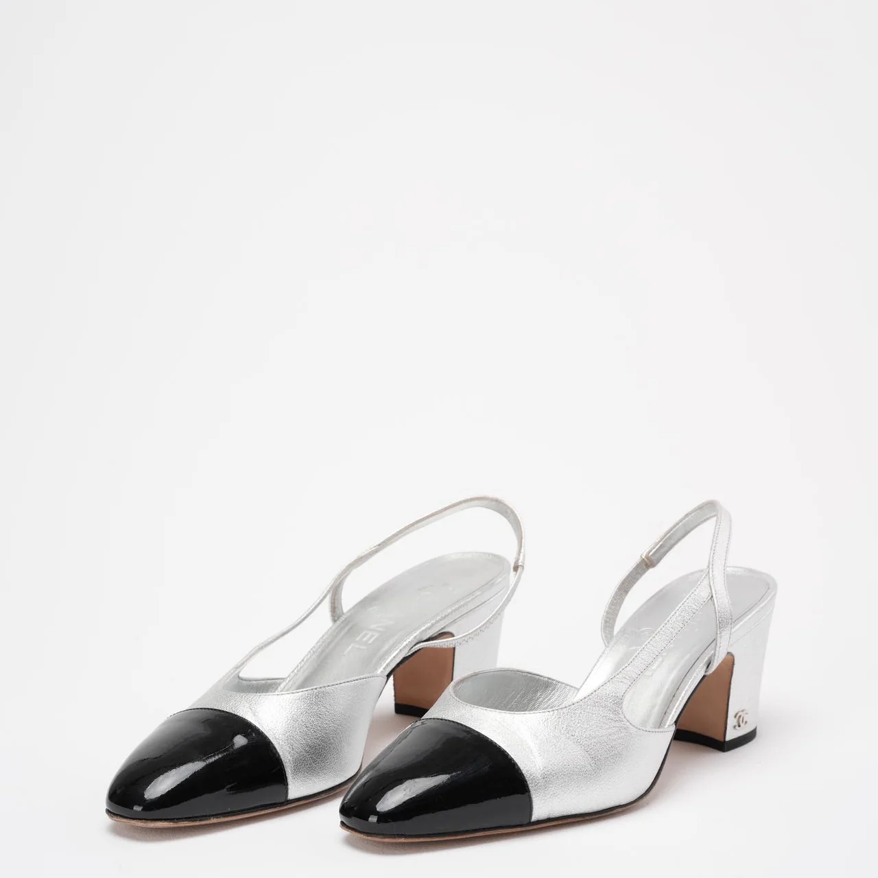 Chanel Silver / Black Leather and Patent Cap Toe CC D'osray Slingback Sandals Size 38