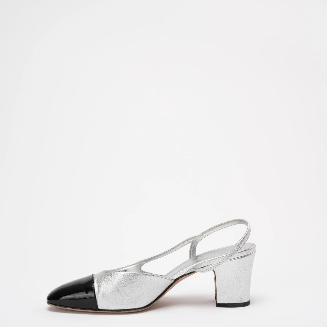 Chanel Silver / Black Leather and Patent Cap Toe CC D'osray Slingback Sandals Size 38
