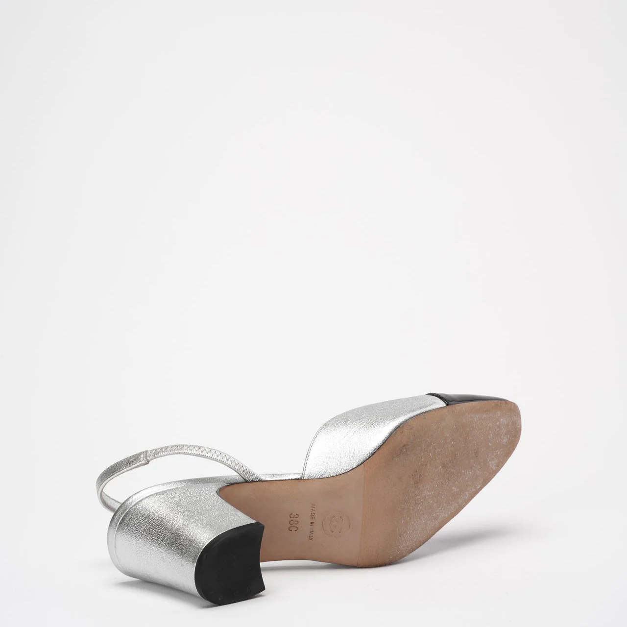 Chanel Silver / Black Leather and Patent Cap Toe CC D'osray Slingback Sandals Size 38
