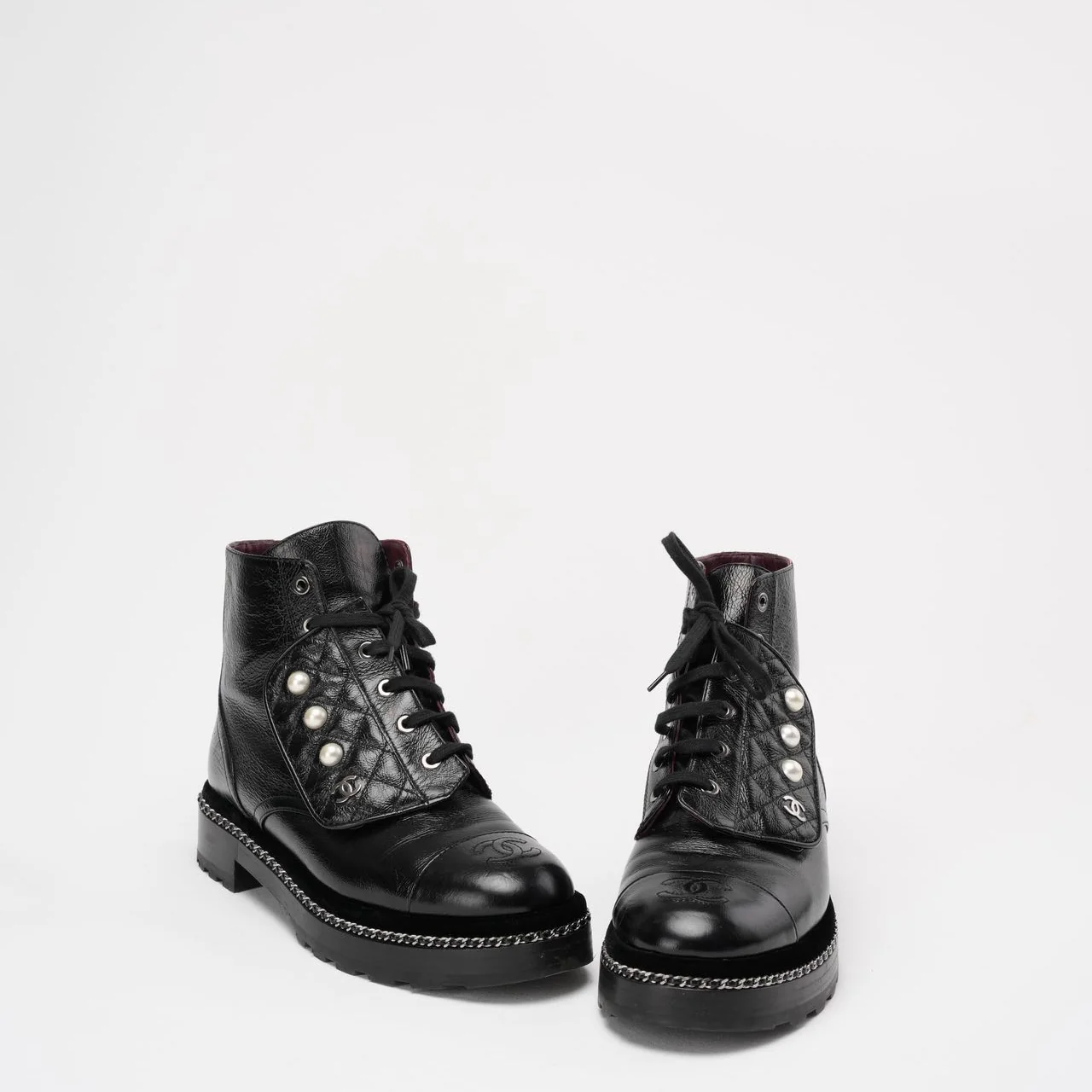 Chanel Black CC Pearl Detail Ankle Boots Size 39 ½