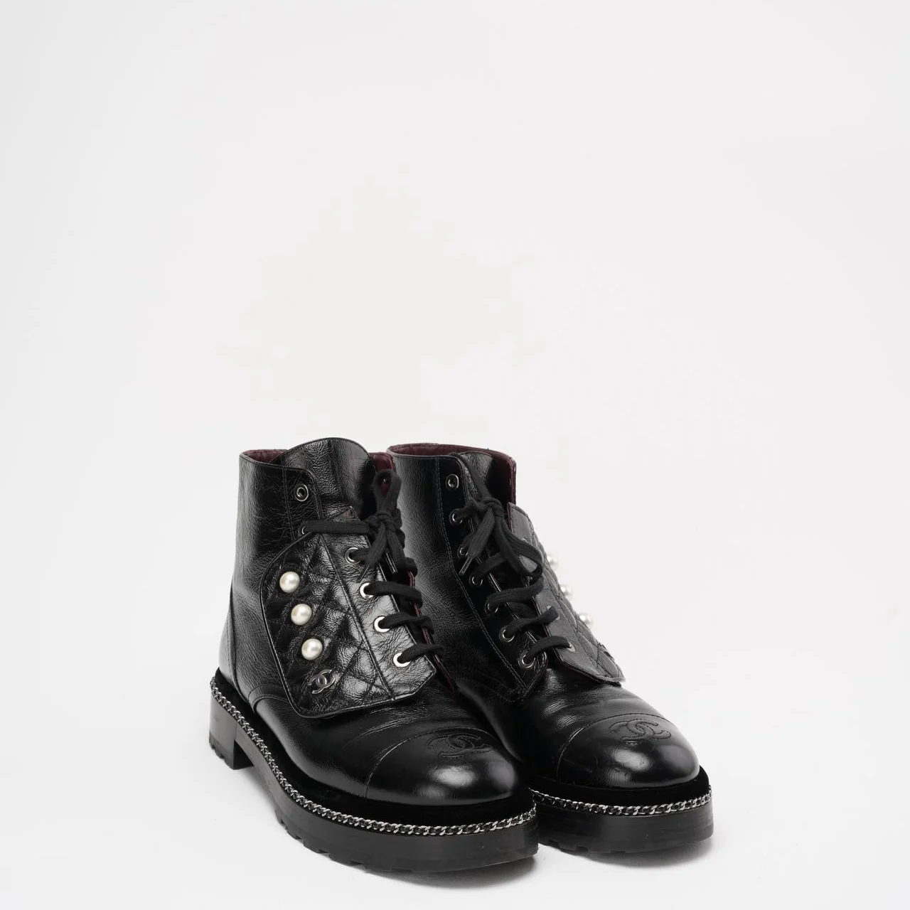 Chanel Black CC Pearl Detail Ankle Boots Size 39 ½