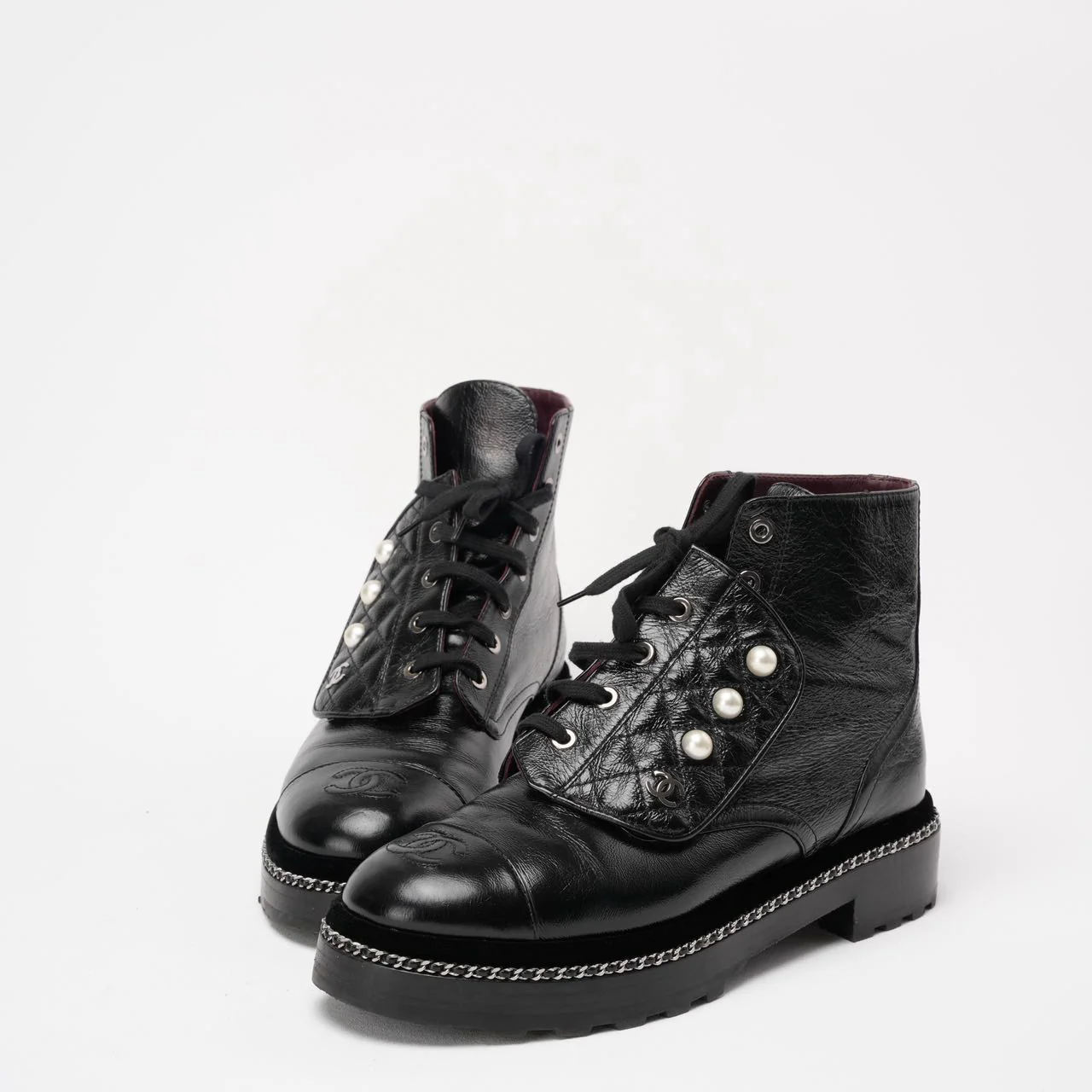 Chanel Black CC Pearl Detail Ankle Boots Size 39 ½