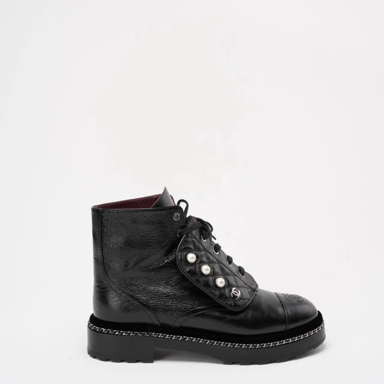 Chanel Black CC Pearl Detail Ankle Boots Size 39 ½
