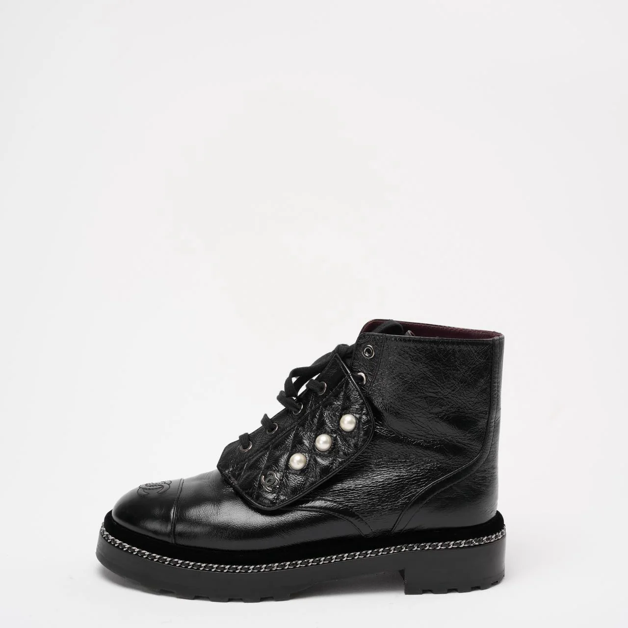 Chanel Black CC Pearl Detail Ankle Boots Size 39 ½