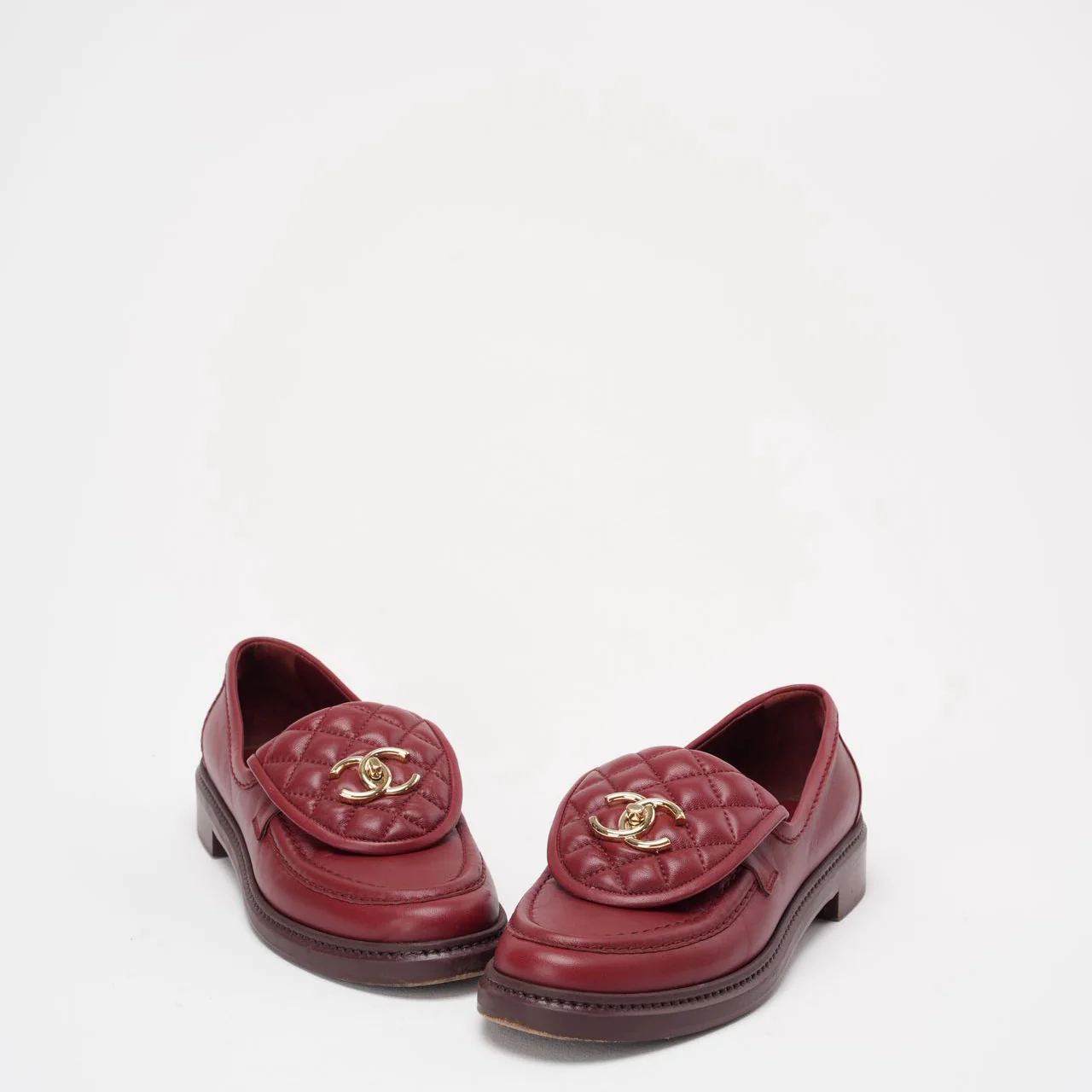 Chanel Red Lambskin Quilted CC Turnlock Loafers Size 38C