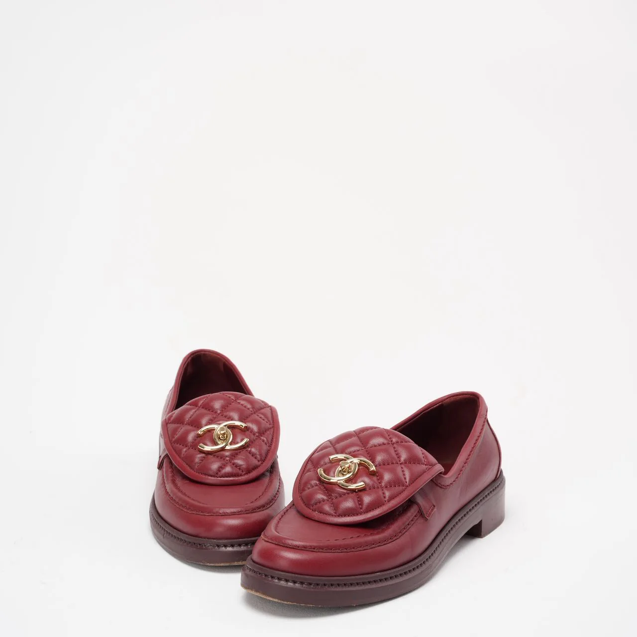 Chanel Red Lambskin Quilted CC Turnlock Loafers Size 38C