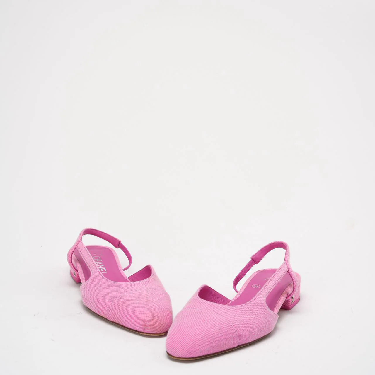 Chanel Neon Pink Denim Cap Toe CC Slingback Flat 37