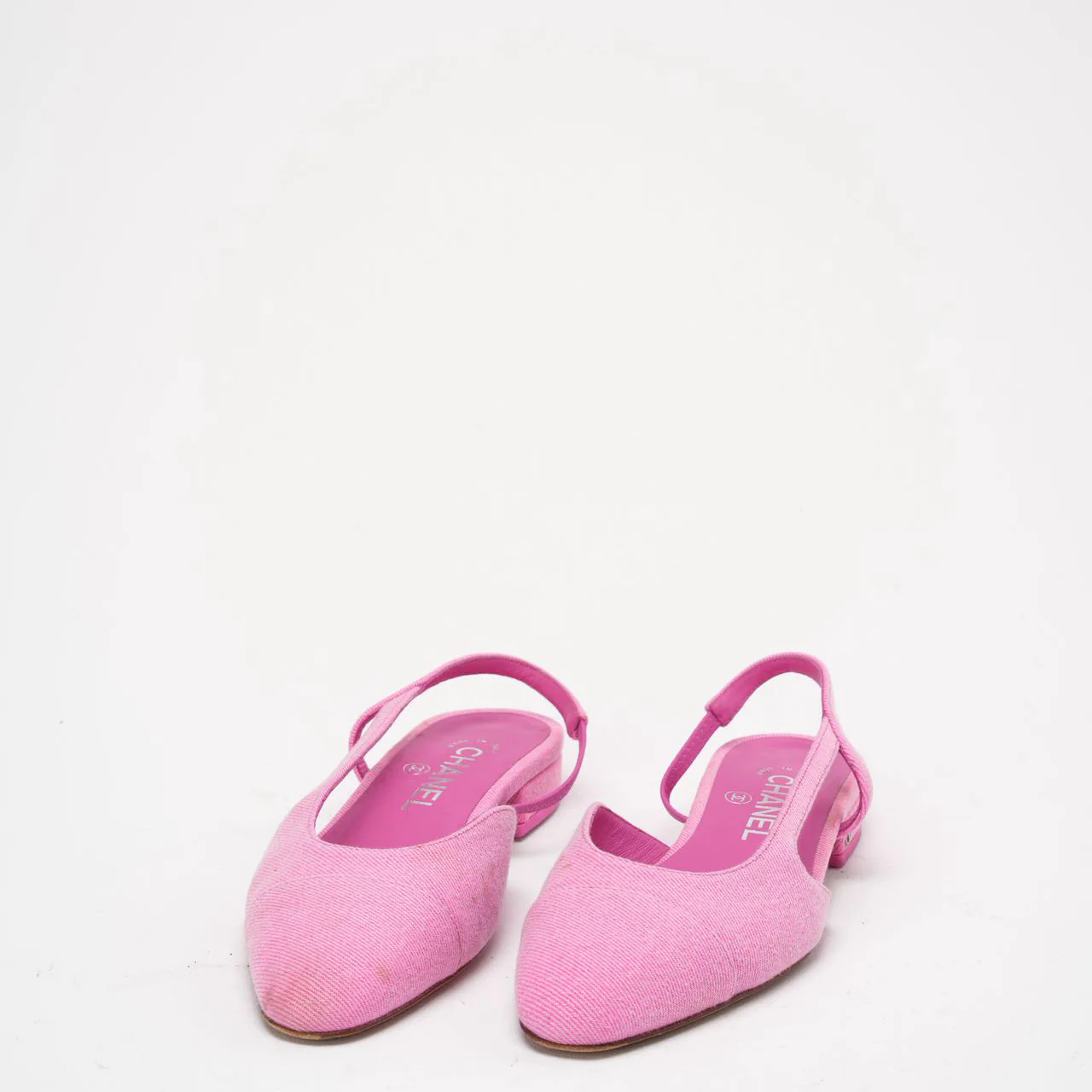 Chanel Neon Pink Denim Cap Toe CC Slingback Flat 37