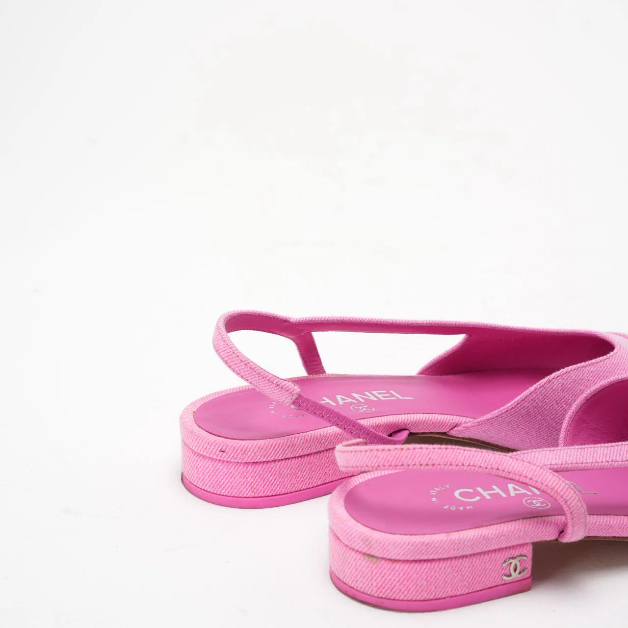 Chanel Neon Pink Denim Cap Toe CC Slingback Flat 37