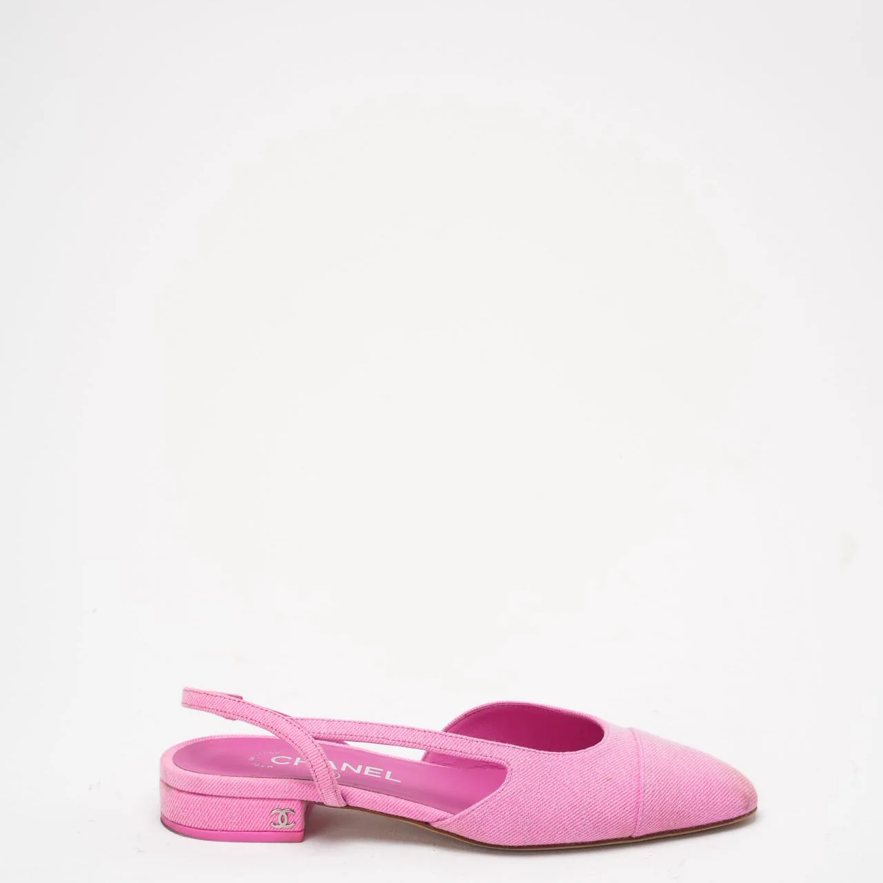 Chanel Neon Pink Denim Cap Toe CC Slingback Flat 37