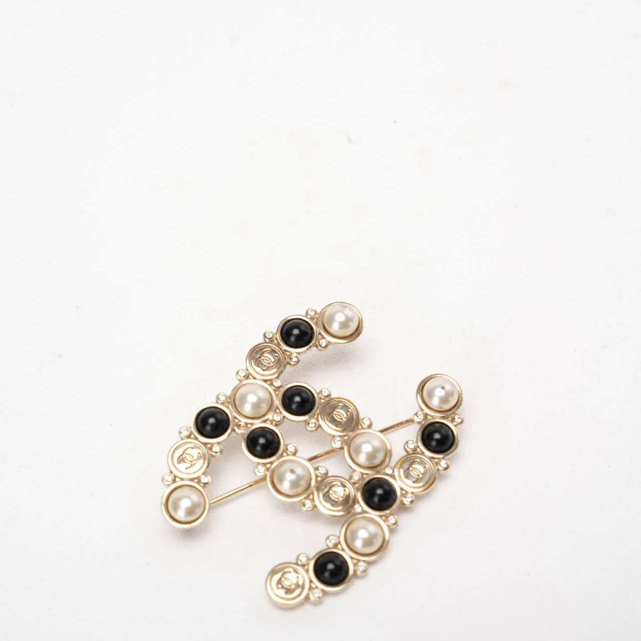 Chanel CC Brooch with Faux Pearls and Black Resin Beads